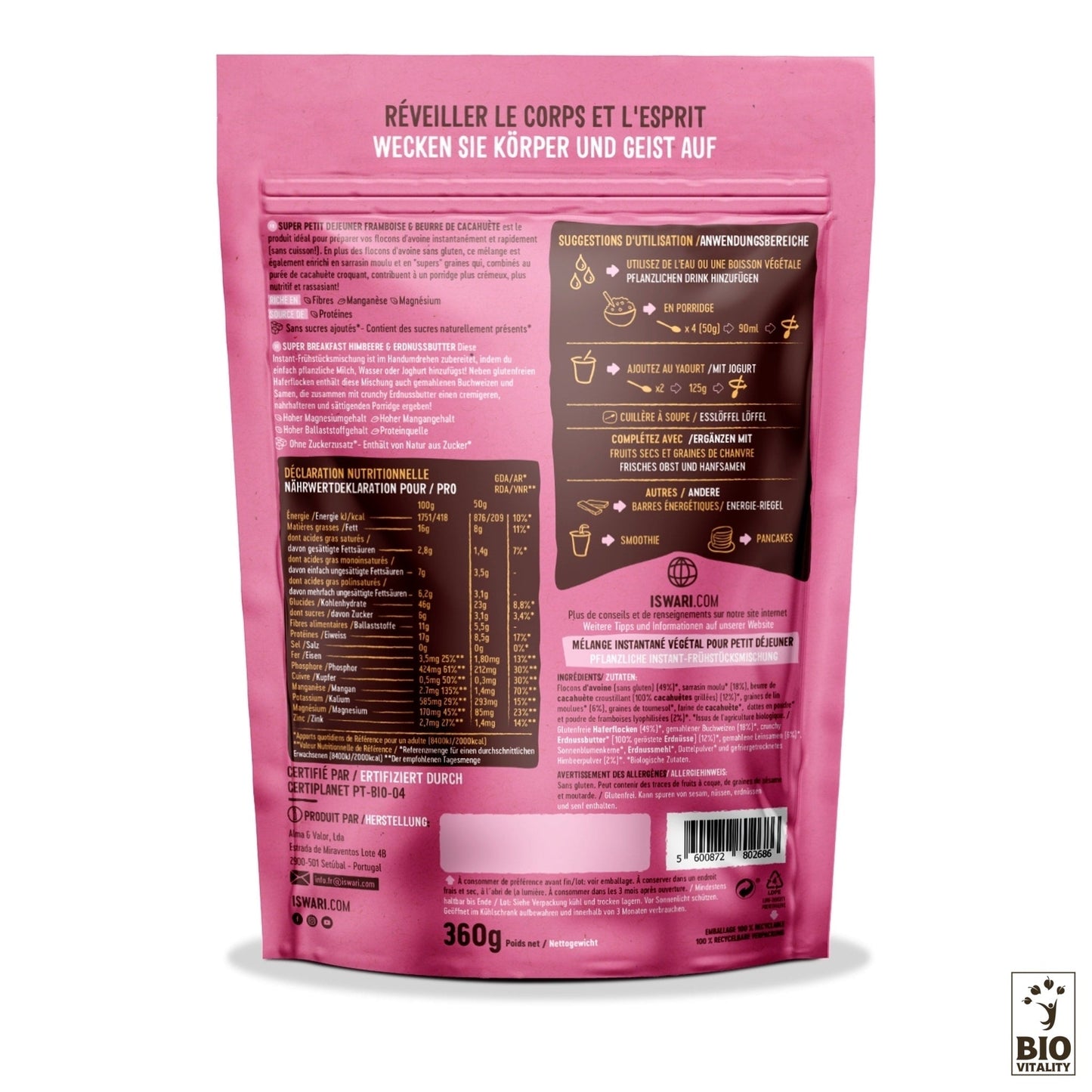 Le dos de lemballage rose ISWARI Super Petit Déjeuner Framboise et Cacahuète Bio 360g affiche des informations nutritionnelles, des conseils de préparation et des ingrédients en français et en allemand, avec un logo bio.