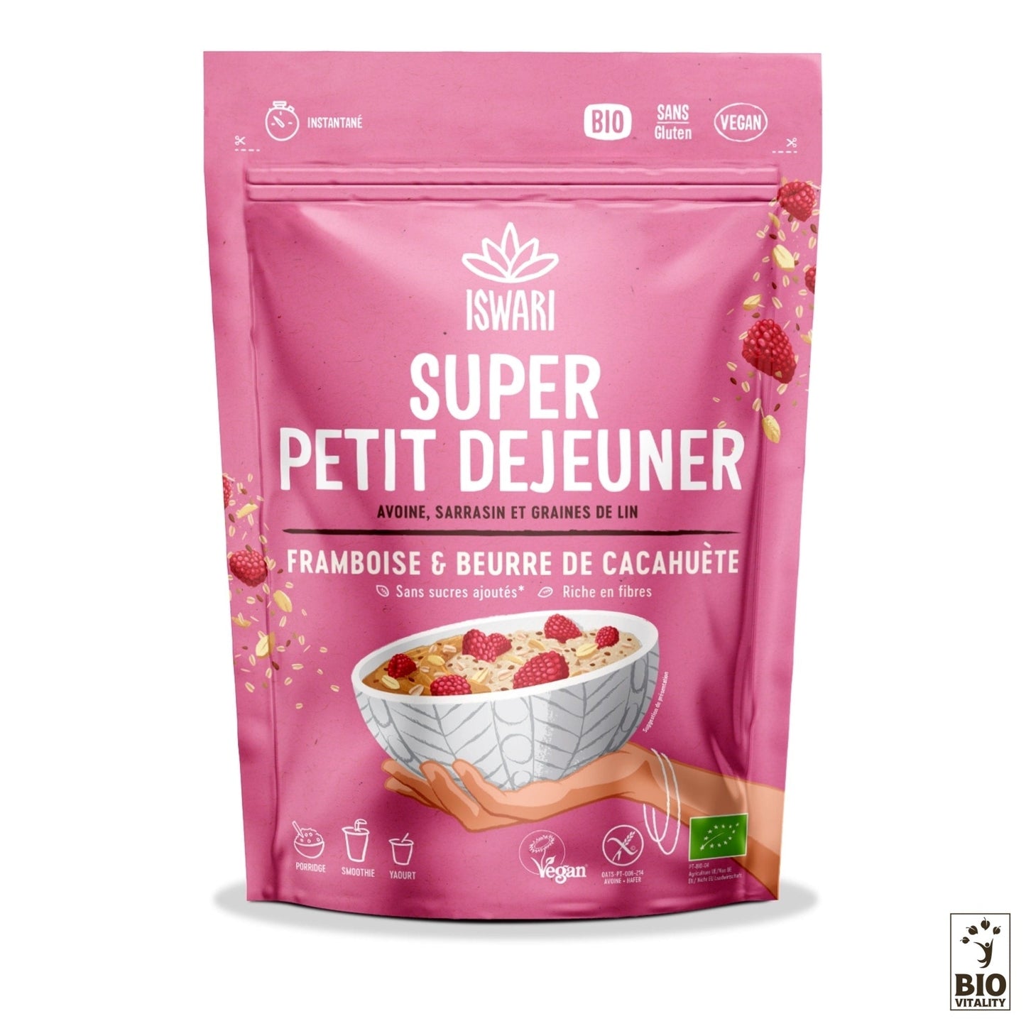 Le sac rose Iswari Super Petit Déjeuner Framboise et Cacahuète Bio contient des framboises et un bol, étiquetés biologique, végétalien et sans gluten avec des ingrédients comme des flocons davoine sans gluten, du sarrasin, des graines de lin, des framboises et du beurre de cacahuète croquant.