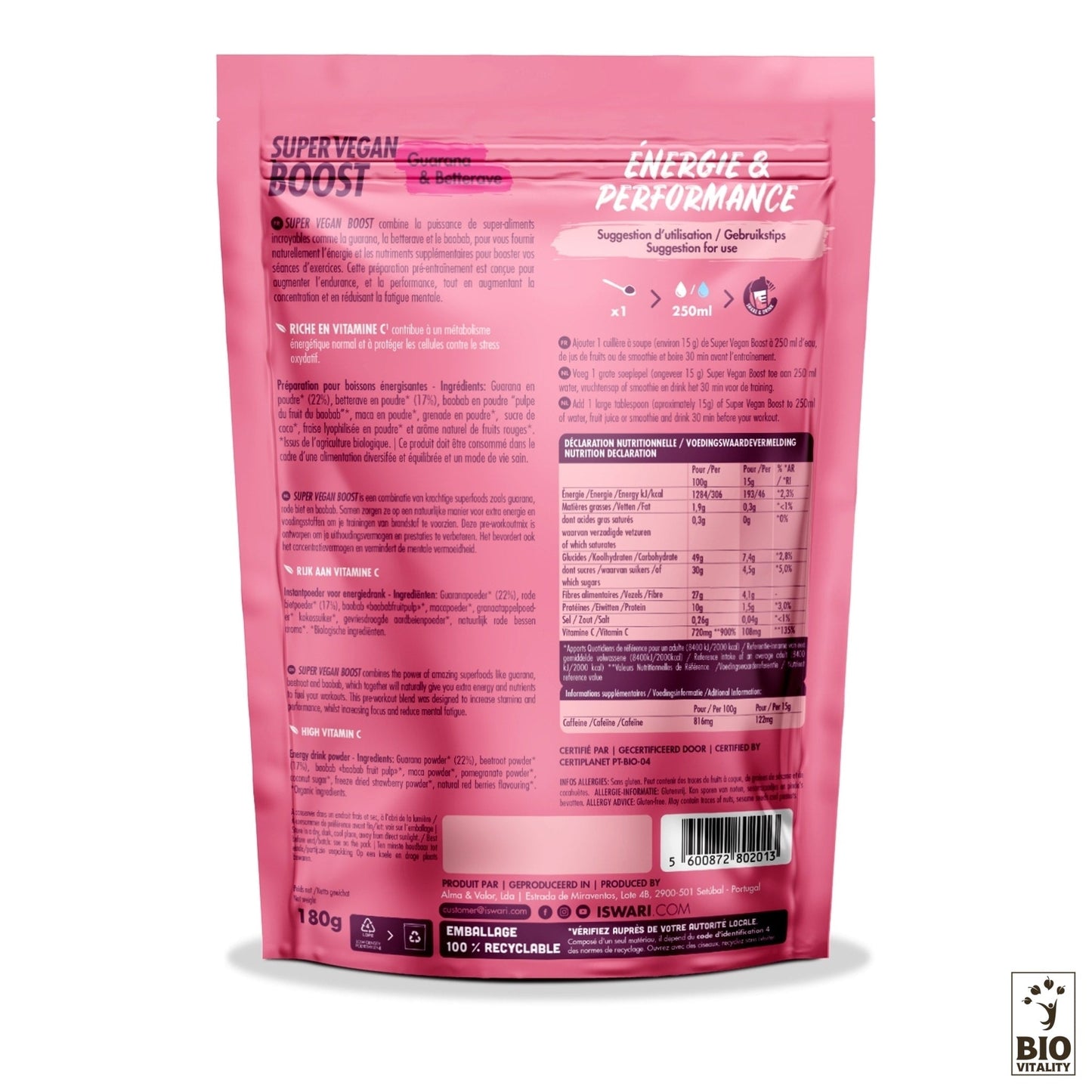 Lemballage rose du « Super Vegan Boost Guarana & Betterave Bio - 180g » dISWARI contient un supplément énergétique végétalien vibrant, avec le dos affichant des ingrédients tels que le guarana et le betterave, les valeurs nutritionnelles, les instructions dutilisation et les détails de la marque.