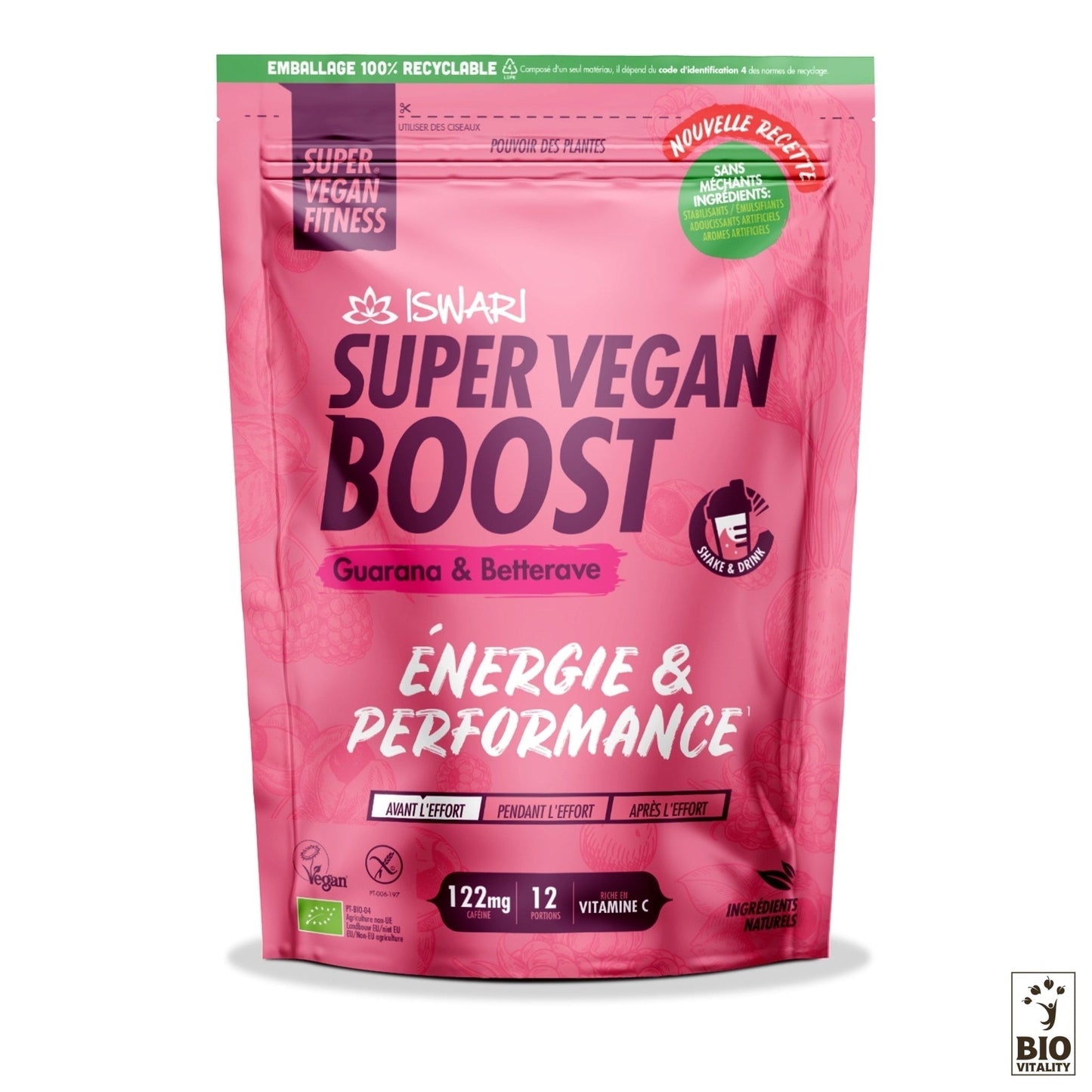 Lemballage rose vif du Super Vegan Boost Guarana & Betterave Bio dISWARI - 180 g met en valeur ses bienfaits énergétiques et ses performances. Il bénéficie dun label recyclable et dune certification Bio Vitality, garantissant durabilité et vitalité.