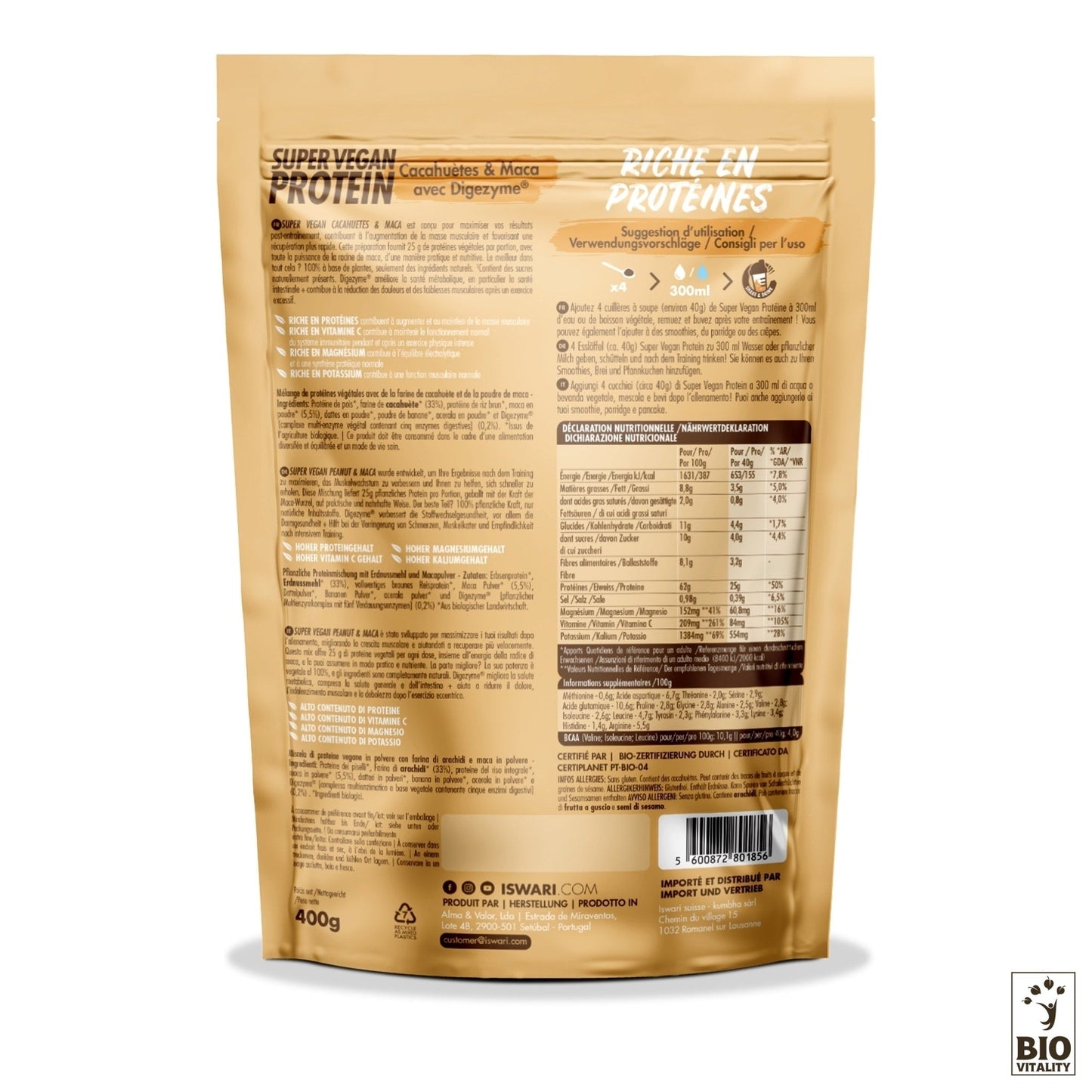 La vue arrière de lemballage ISWARI Super Vegan Protein Cacahuète & Maca avec DIGEZYME® Bio présente des caractéristiques de digestion améliorées, des détails nutritionnels et une marque sur un fond beige.