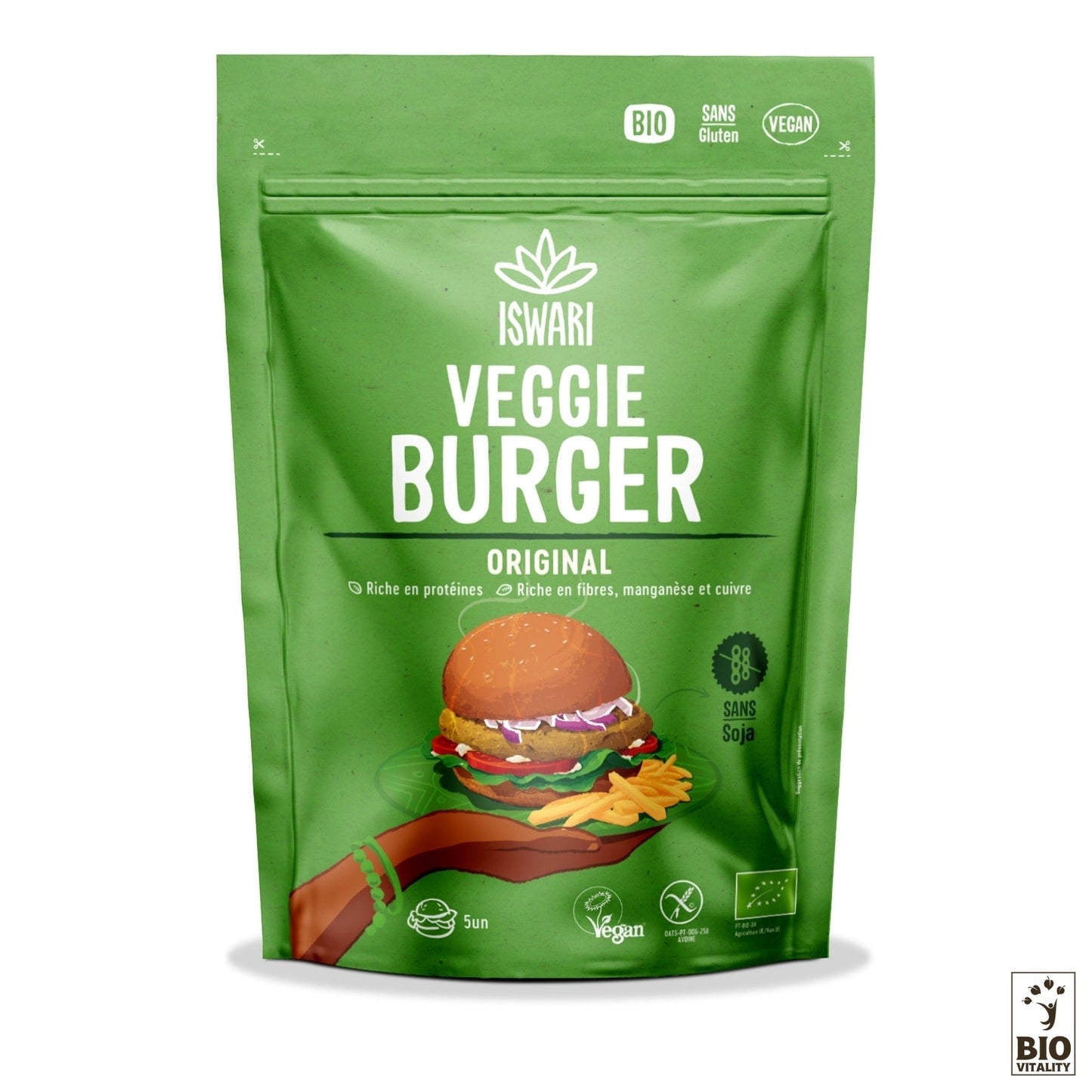 Lemballage vert du Veggie Burger Original dISWARI - 250 g met en valeur ses certifications végétaliennes, sans gluten et biologiques. Ce mélange sans soja est riche en protéines et en fibres, offrant une option de repas nutritive et savoureuse.