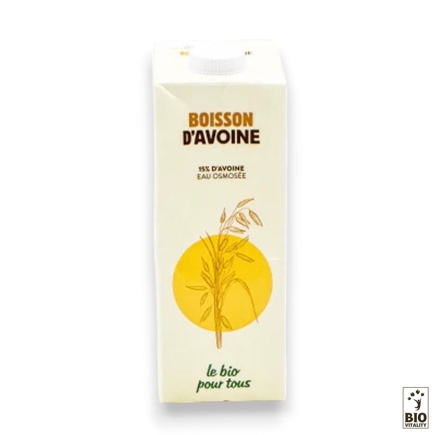 Le carton 1L Boisson Avoine Bio de LE BIO POUR TOUS présente une illustration davoine et le logo Bio Vitality dans le coin inférieur droit, offrant une alternative rafraîchissante au lait.