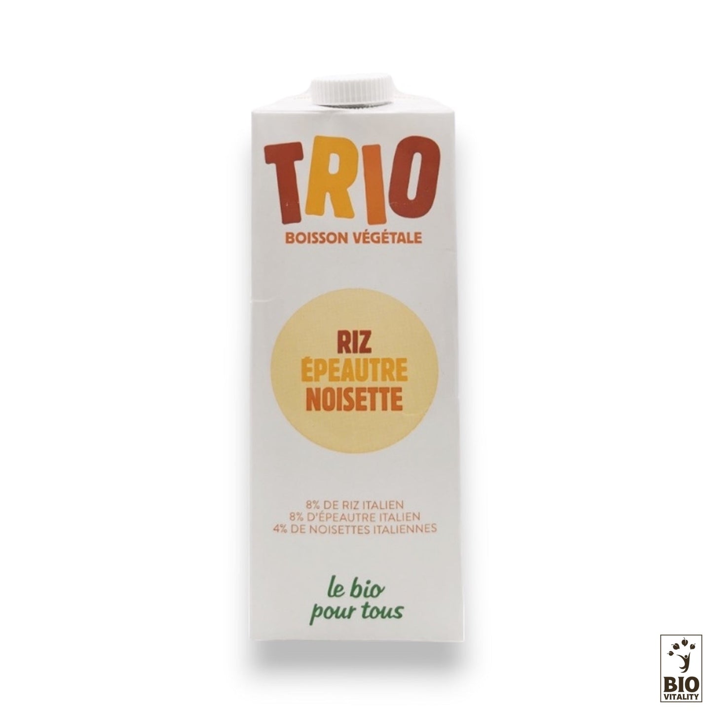 Carton de Boisson TRIO riz épeautre noisette Bio - 1L de LE BIO POUR TOUS, contenant des ingrédients biologiques : 8% riz italien, 8% épeautre et 4% noisettes. Cette boisson à base de plantes apporte un délicieux équilibre nutritionnel à votre routine quotidienne.