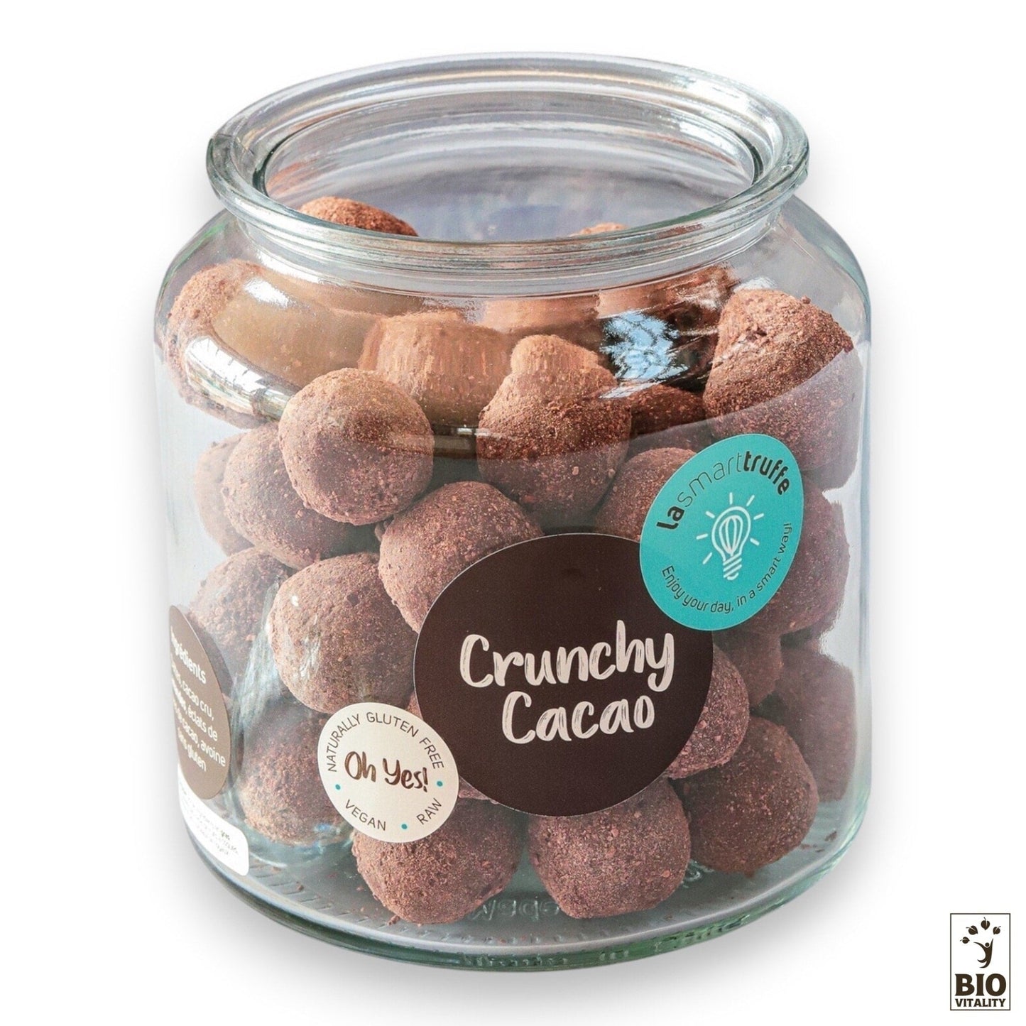 Un pot de 500g de Smart Truffes Crunchy Cacao de LE SMART CAKE propose des truffes rondes enrobées de chocolat certifiées sans gluten, vegan et bio. Profitez du goût riche du cacao cru à chaque bouchée.