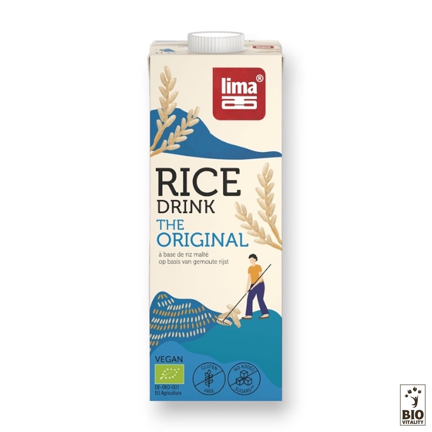 Un carton de 1L de Rice drink original Bio de LIMA, fabriqué à partir de riz germé, présente des ingrédients 100% végétaux et une illustration dagriculteur, avec des logos bio et écologiques signifiant son engagement envers lagriculture biologique.