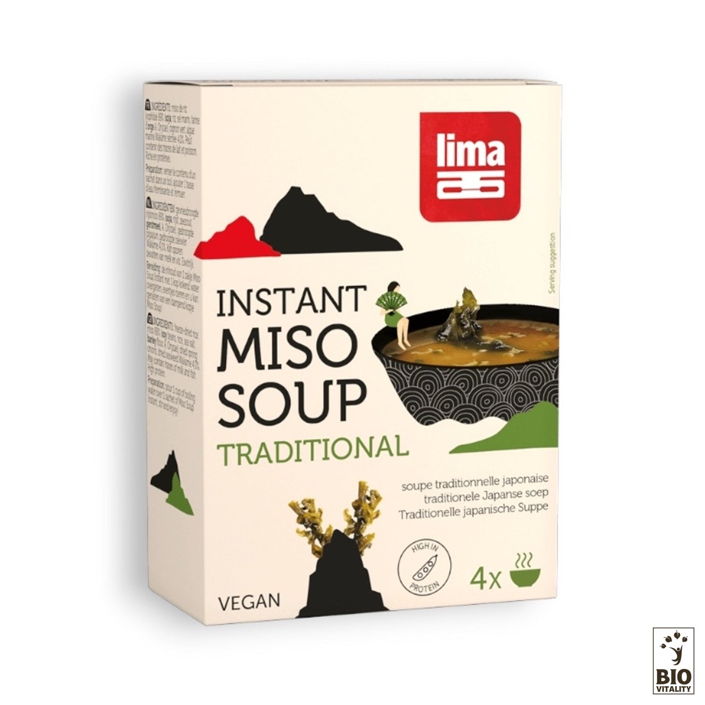 La Soupe miso instantanée Bio - 4x10g de LIMA, étiquetée « Traditionnelle », présente une illustration de bol de soupe avec des icônes végétaliennes et bio, fabriquée à partir de Soja Fermenté pour une option de repas rapide et savoureuse de 4 portions.