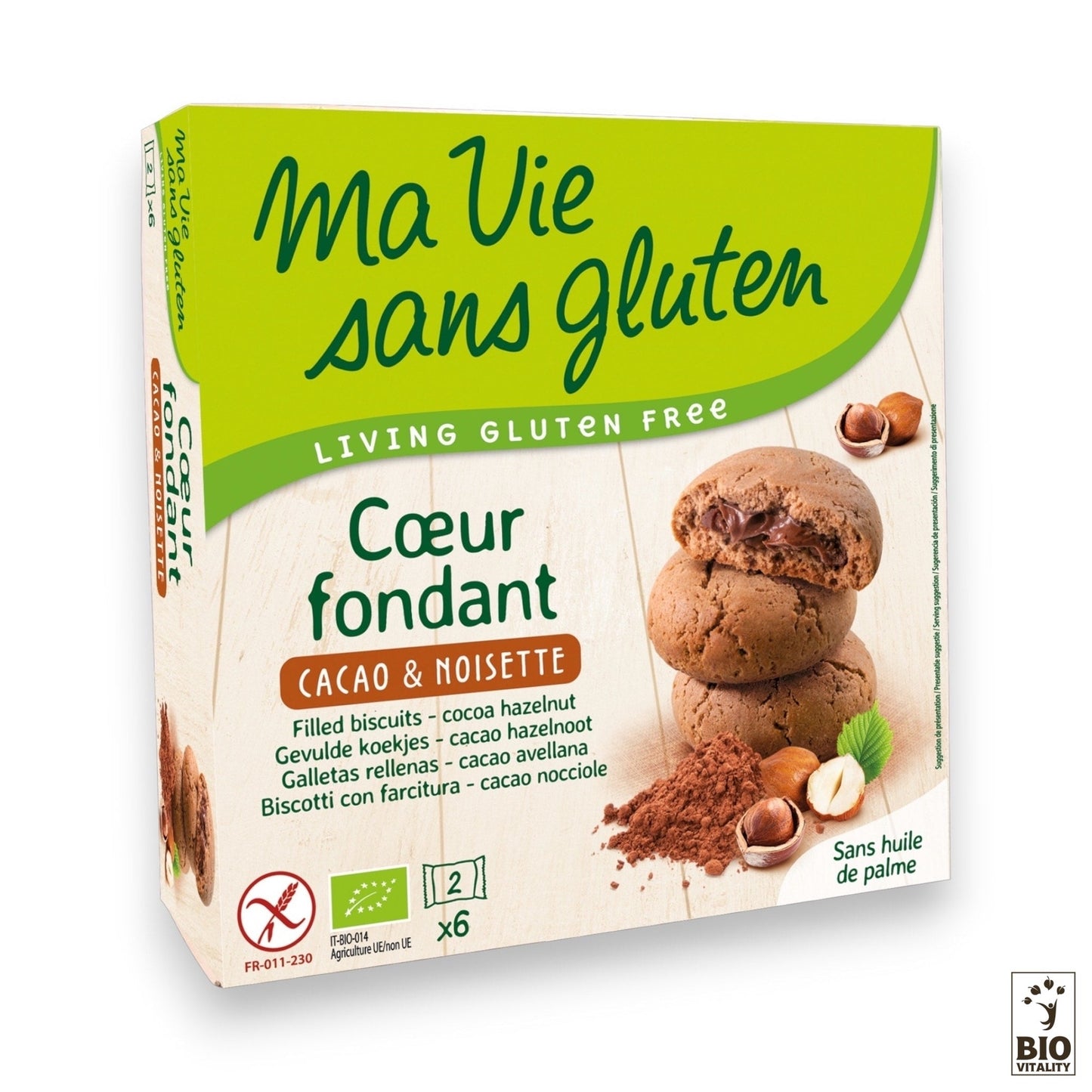 Les Cœurs Fondants Cacao Noisette Bio - 200g de MA VIE SANS GLUTEN présentent une boîte de biscuits sans gluten à base dingrédients biologiques, fourrés dun riche centre cacao-noisette.
