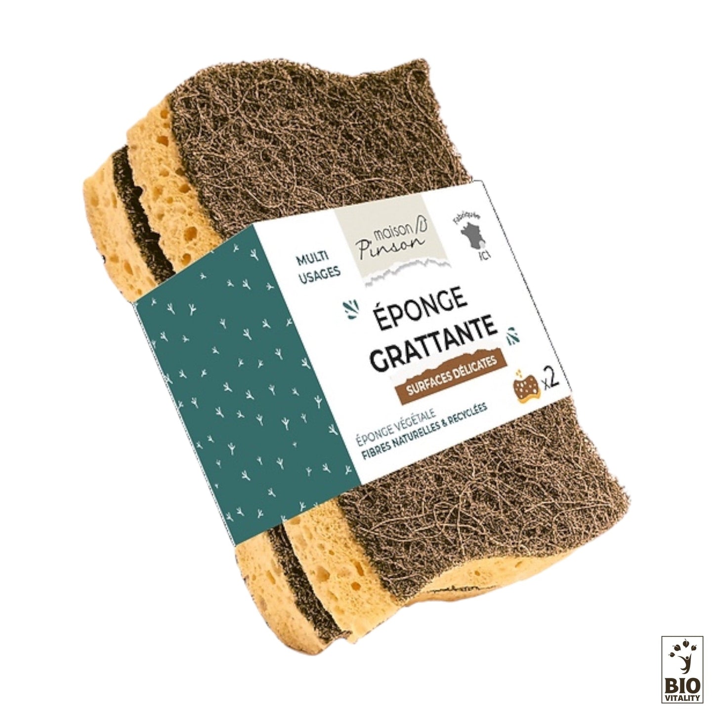 Léponge Eponges Végétales Grattantes Surfaces Délicates – 2x de MAISON PINSON est une éponge à récurer biodégradable écologique à surface abrasive brune, adaptée aux surfaces délicates et fabriquée à partir de sisal et de fibres naturelles recyclées.