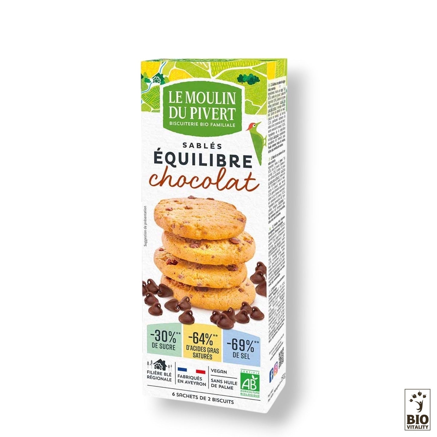 La boîte de 150 g de Biscuits Équilibre Chocolat Bio MOULIN DU PIVERT présente des images alléchantes de biscuits aux pépites de chocolat et met en avant sa certification en agriculture biologique ainsi que des informations nutritionnelles clés.