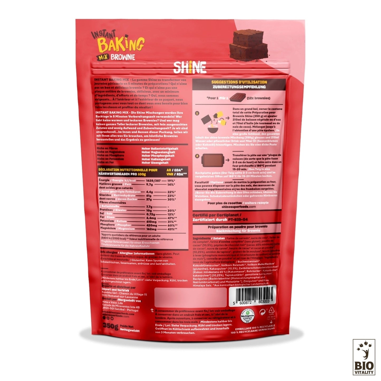 Emballage rouge et rose du Brownie au cacao cru et pépites de chocolat Bio SHINE, avec instructions de préparation rapide faciles. Comprend des informations nutritionnelles et le nom du produit sur la vue arrière. Paquet de 350g de Bio Vitality avec des ingrédients de qualité pour brownies faits maison.