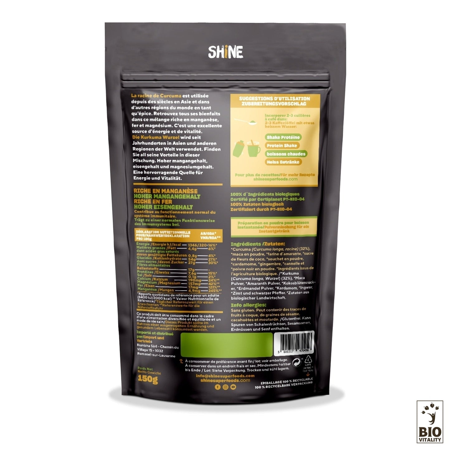 Vue arrière dun paquet de SHINE Curcuma Latte Bio - 150 g avec les bienfaits nutritionnels, les ingrédients et les suggestions dutilisation. Design noir et vert avec un logo Bio Vitality en bas à droite, idéal pour créer votre propre boisson au curcuma.