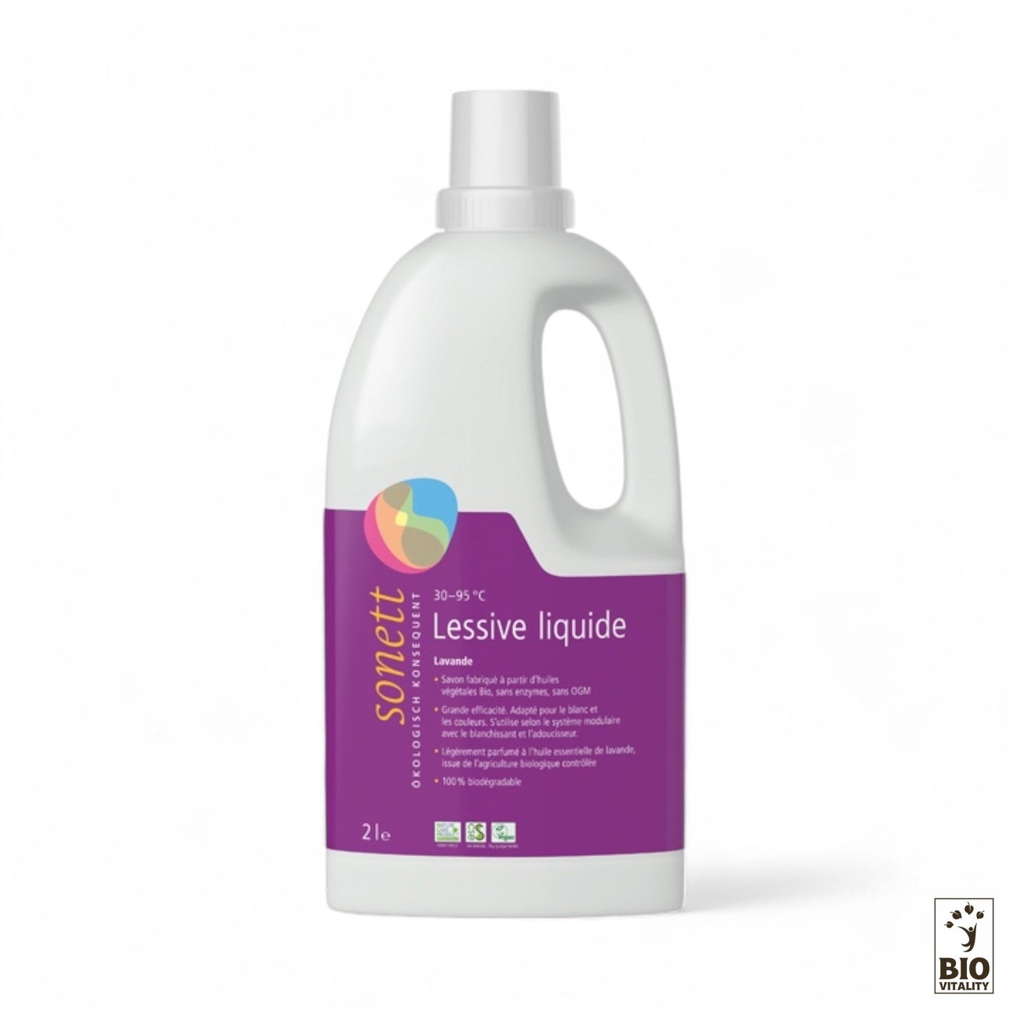 Une bouteille de 2 L de SONETT Lessive Liquide Lavande comporte une étiquette violette avec les détails du produit et une marque de certification « Bio ». Fabriqué à partir dhuiles végétales, ce savon biologique assure une propreté écologique à vos vêtements.