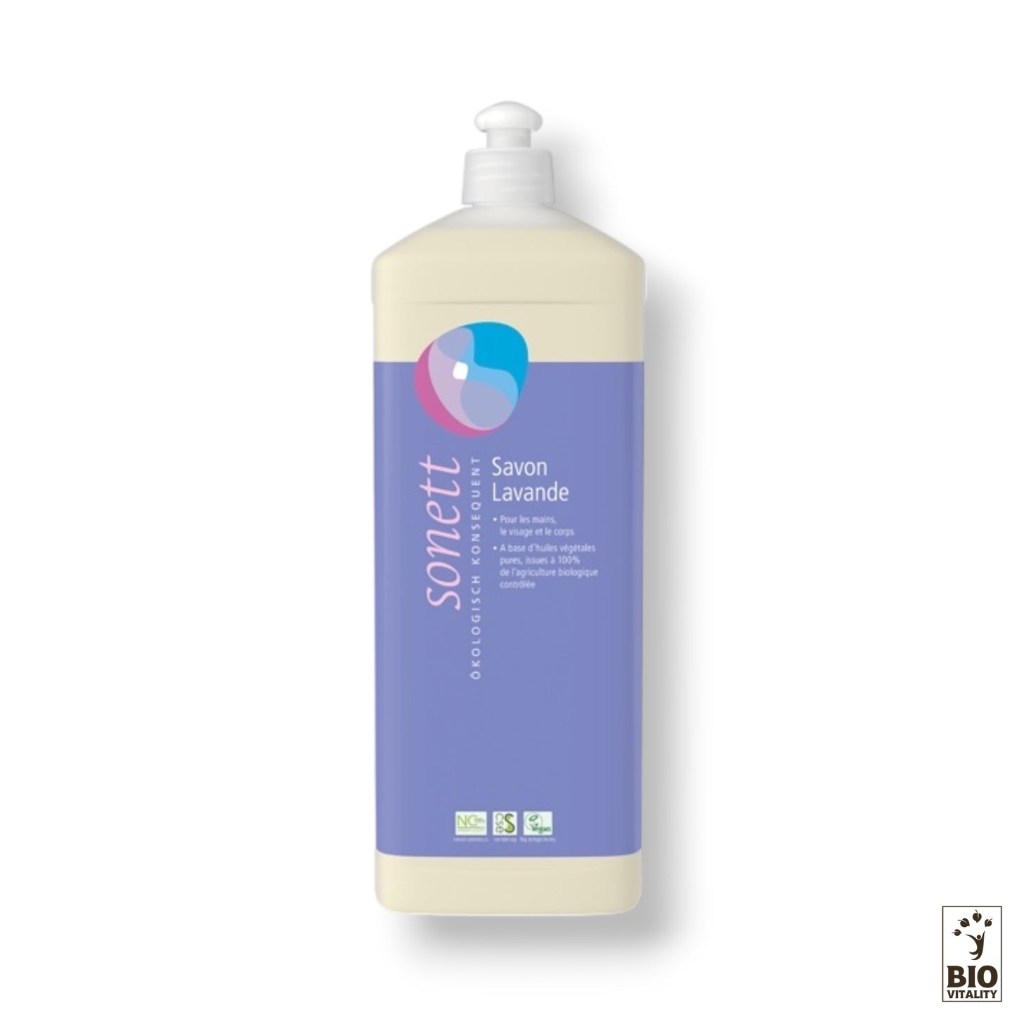 Lavande - 1L de SONETT, fabriquées avec des huiles végétales pures, ont des étiquettes bleues, sur un fond blanc immaculé.