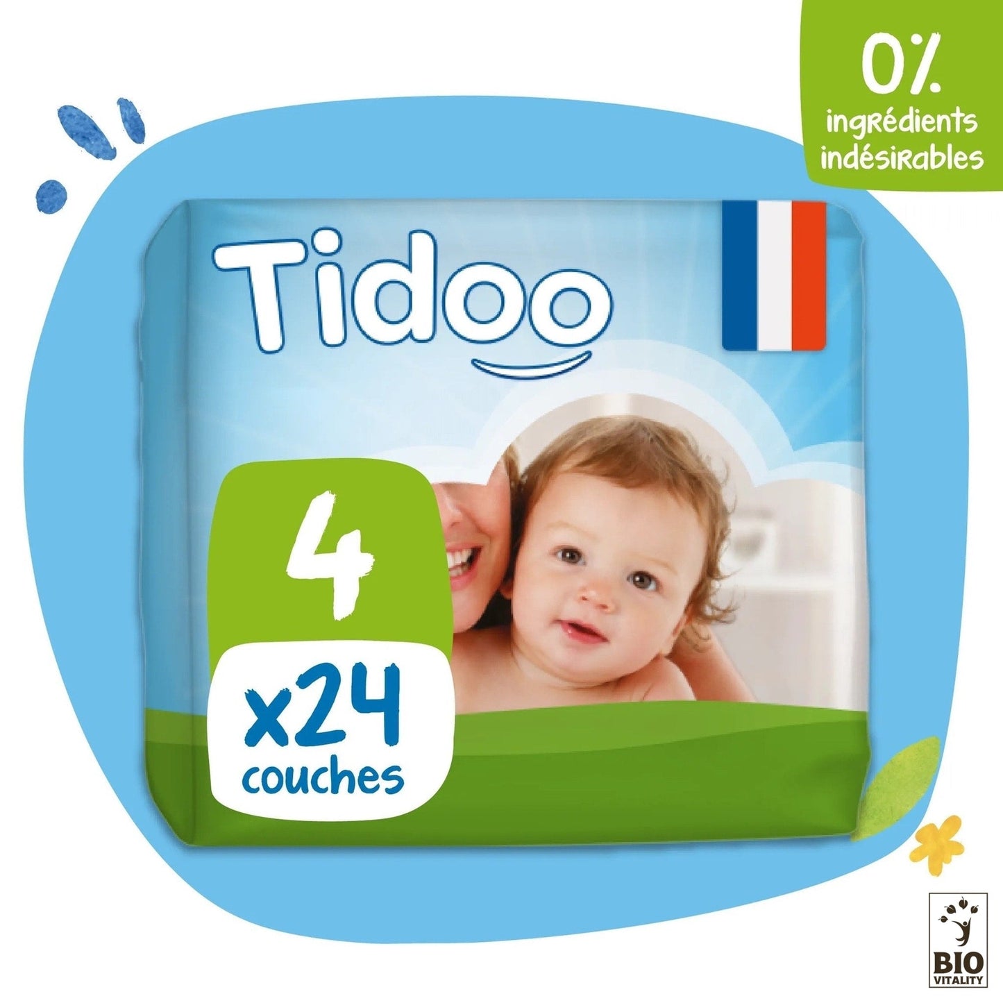 Le pack jumbo TIDOO NATURE Couches voile naturel t4 comprend 24 couches écologiques (7/18kg) avec un texte français sur lemballage, mettant en vedette un bébé et un drapeau, soulignant leur composition naturelle et leur conception anti-fuite.