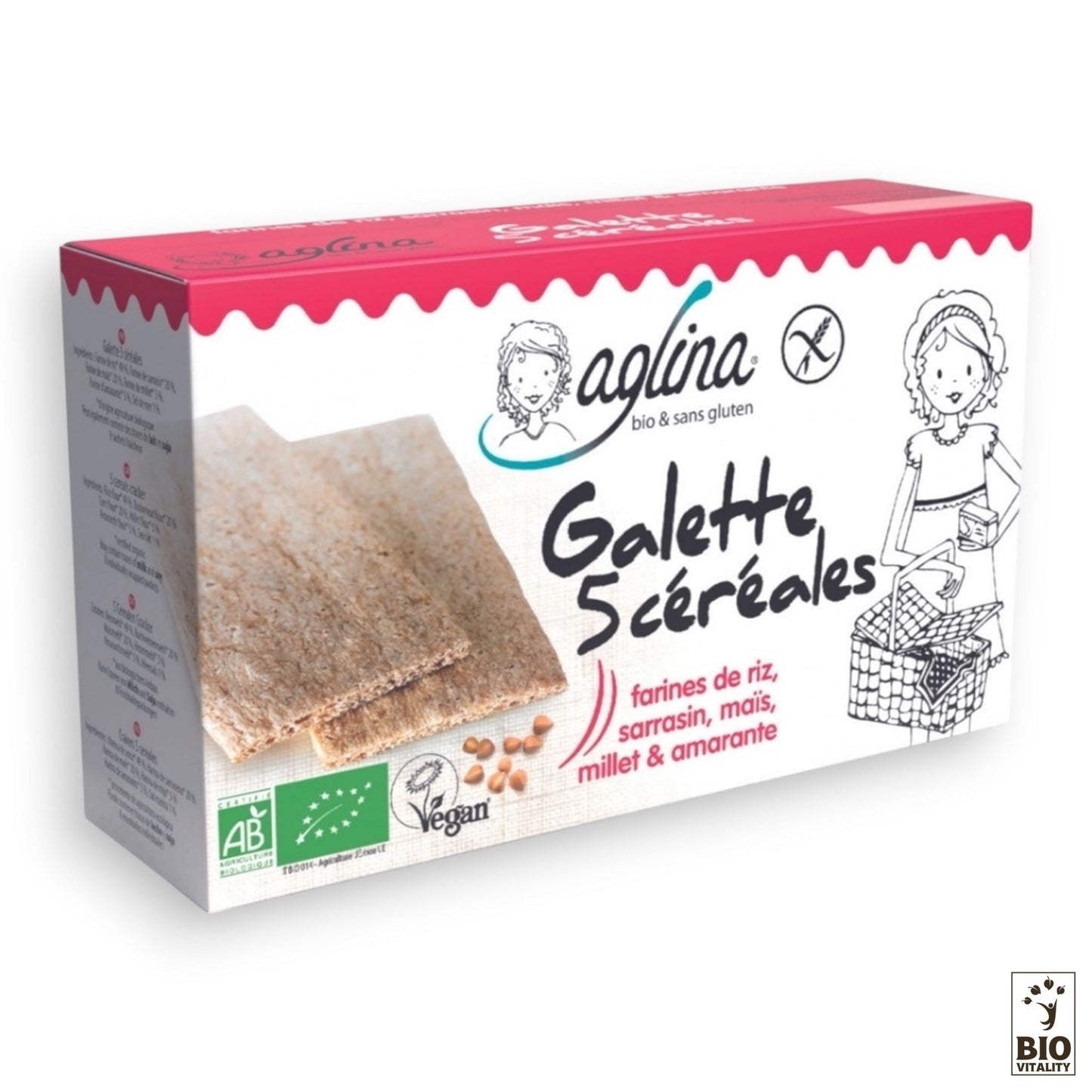 La Galette 5 céréales boîte Bio de 160 g dAGLINA est élaborée à partir de farines de riz, de sarrasin, de maïs, de millet et damarante. Elle est certifiée vegan et sans gluten, et les mentions bio sont bien visibles sur lemballage.