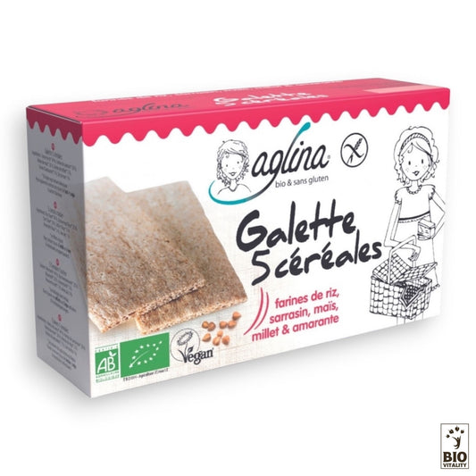 La Galette 5 céréales boîte Bio de 160 g dAGLINA est élaborée à partir de farines de riz, de sarrasin, de maïs, de millet et damarante. Elle est certifiée vegan et sans gluten, et les mentions bio sont bien visibles sur lemballage.
