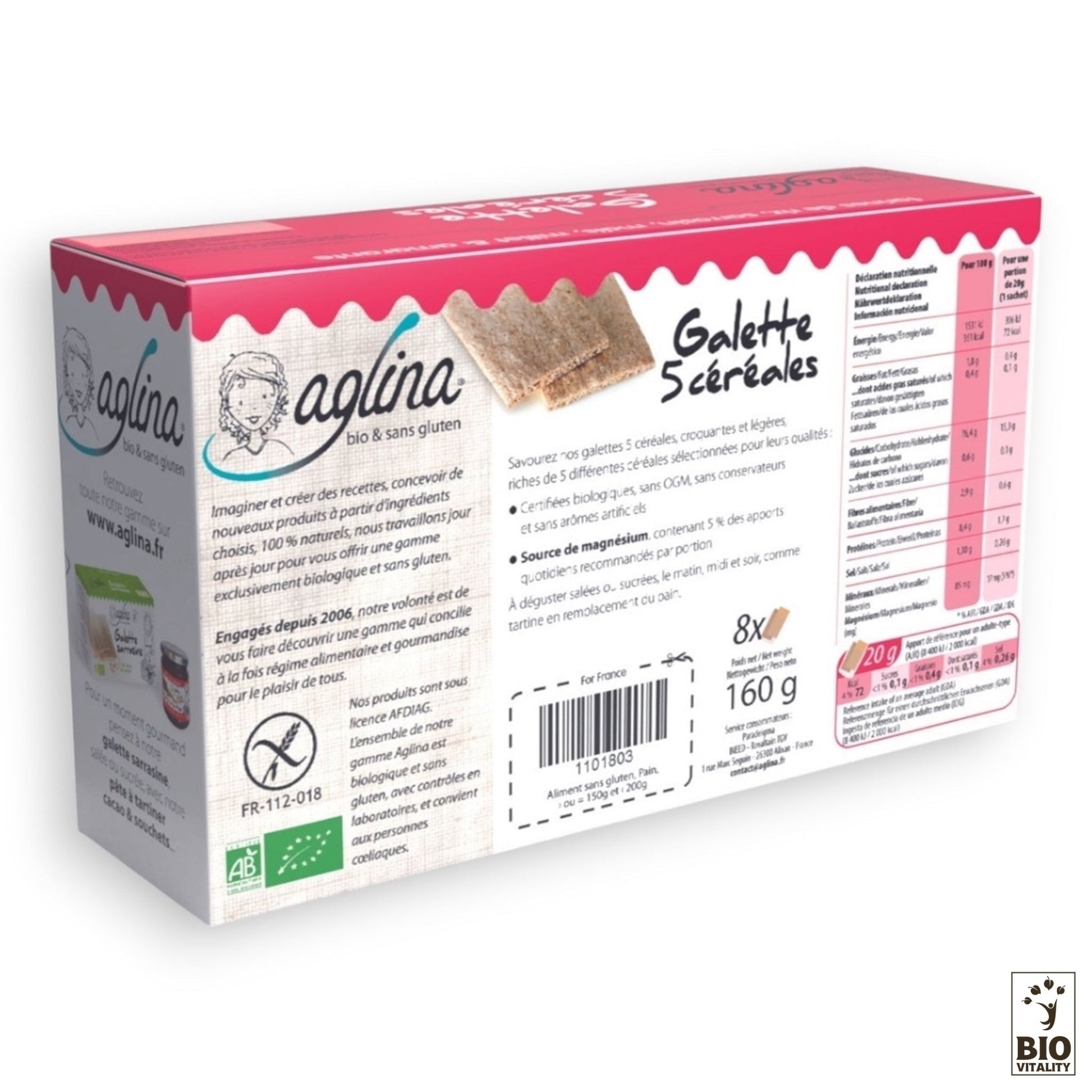 La boîte de Galette 5 céréales AGLINA, certifiée Bio et sans gluten, présente des informations nutritionnelles, du texte en français et des certifications sur un fond blanc épuré. Les amateurs de bio apprécieront ses ingrédients respectueux de lenvironnement à chaque bouchée.