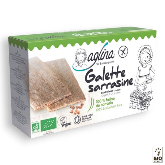 La boîte Galette sarrasine Bio - 160g dAGLINA propose des crackers au sarrasin sans gluten et vegan fabriqués à partir de farine de sarrasin 100% bio.