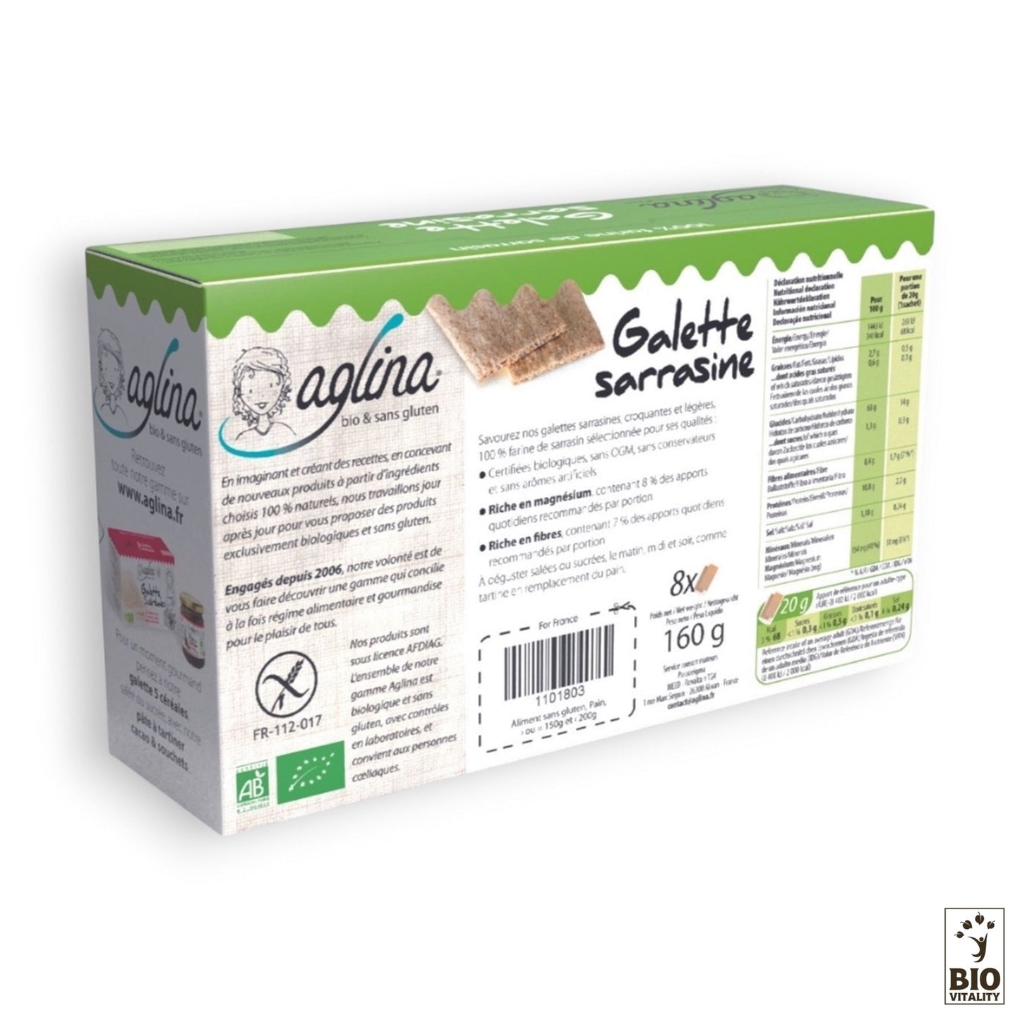 Boite de Galette sarrasine boîte Bio AGLINA, 160g. Comprend les informations nutritionnelles, le code à barres et le motif vert festonné sur le dessus; logo Bio Vitality dans le coin.