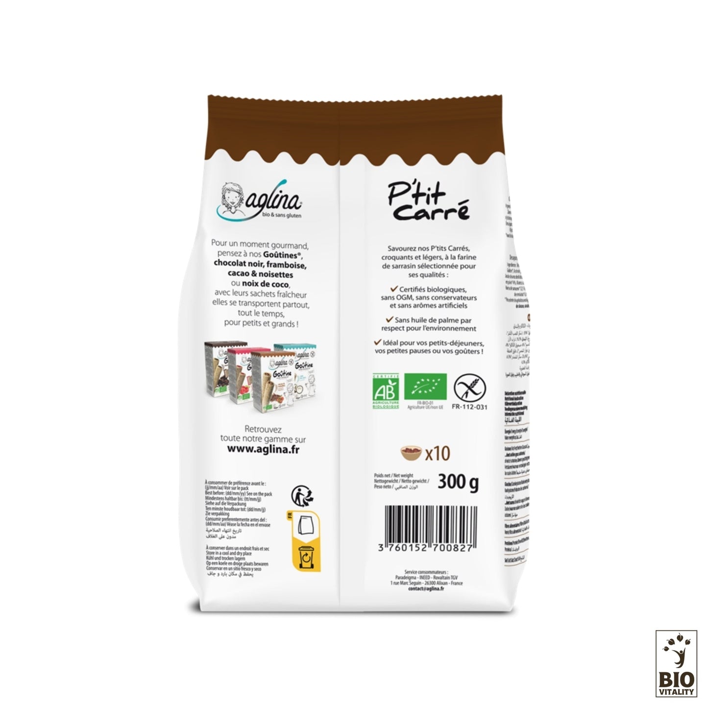 Le dos du sac « Ptit Carré cacao & noisettes Bio - 300g » dAGLINA présente les détails du produit, les certifications et un site Web, soulignant ses attributs végétaliens et sans gluten.