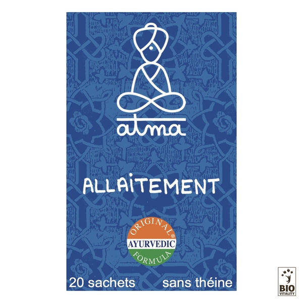 Lemballage bleu, avec le contour blanc dune personne en méditation, porte létiquette « Aditi - Allaitement Bio » dATMA. Les mentions « Formule ayurvédique originale », « 20 sachets » et « sans théine » sont mises en évidence. Fabriqué avec des ingrédients naturels pour soutenir la lactation. Logo Bio Vitality en bas.