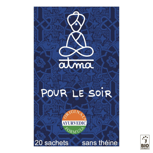 Le Chandra pour le Soir Bio dATMA est présenté dans un emballage bleu avec une illustration de personnage assis blanc et est étiqueté pour la relaxation. Il contient « FORMULE AYURVÉDIQUE ORIGINALE », « 20 sachets » et « sans théine » avec un logo « BIO VITALITY », garantissant une expérience de détente.