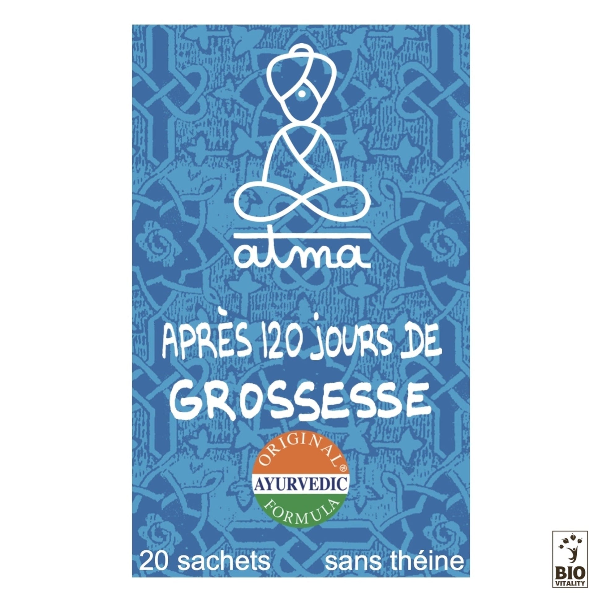 Lemballage bleu de Dauhridaya - 120 jours de grossesse Bio dATMA contient une douce synergie de plantes pour les futures mamans, idéale après 120 jours de grossesse, avec 20 sachets sans caféine.
