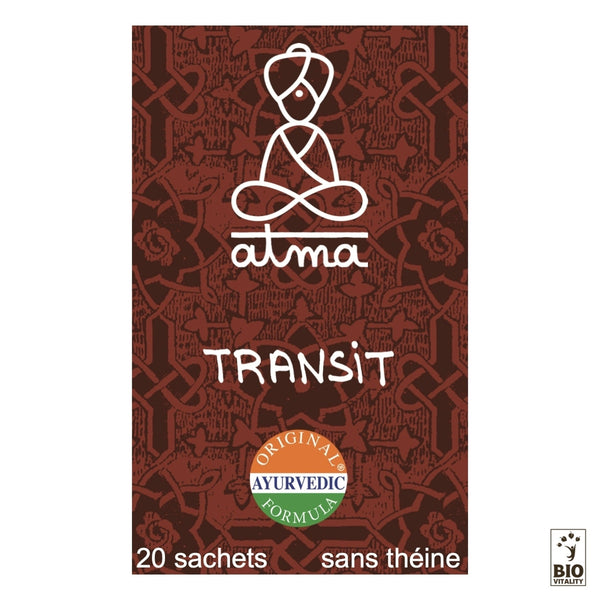 Image de lemballage de la tisane Dravata - Transit Bio par ATMA, présentant une formule ayurvédique originale pour infusion ayurvédique. Comprend 20 sachets et est sans théine - idéal pour soutenir le transit intestinal.