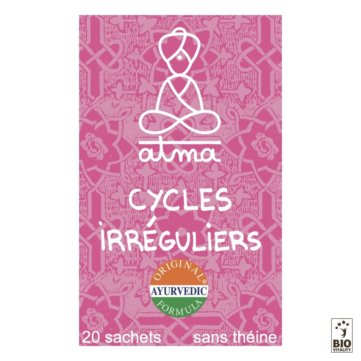 Le Kala Pushpa - Cycles Irréguliers Bio dATMA est présenté dans un emballage rose et est conçu comme une infusion ayurvédique pour la santé menstruelle. Il contient 20 sachets, est sans caféine et favorise le bien-être lors des cycles irréguliers.