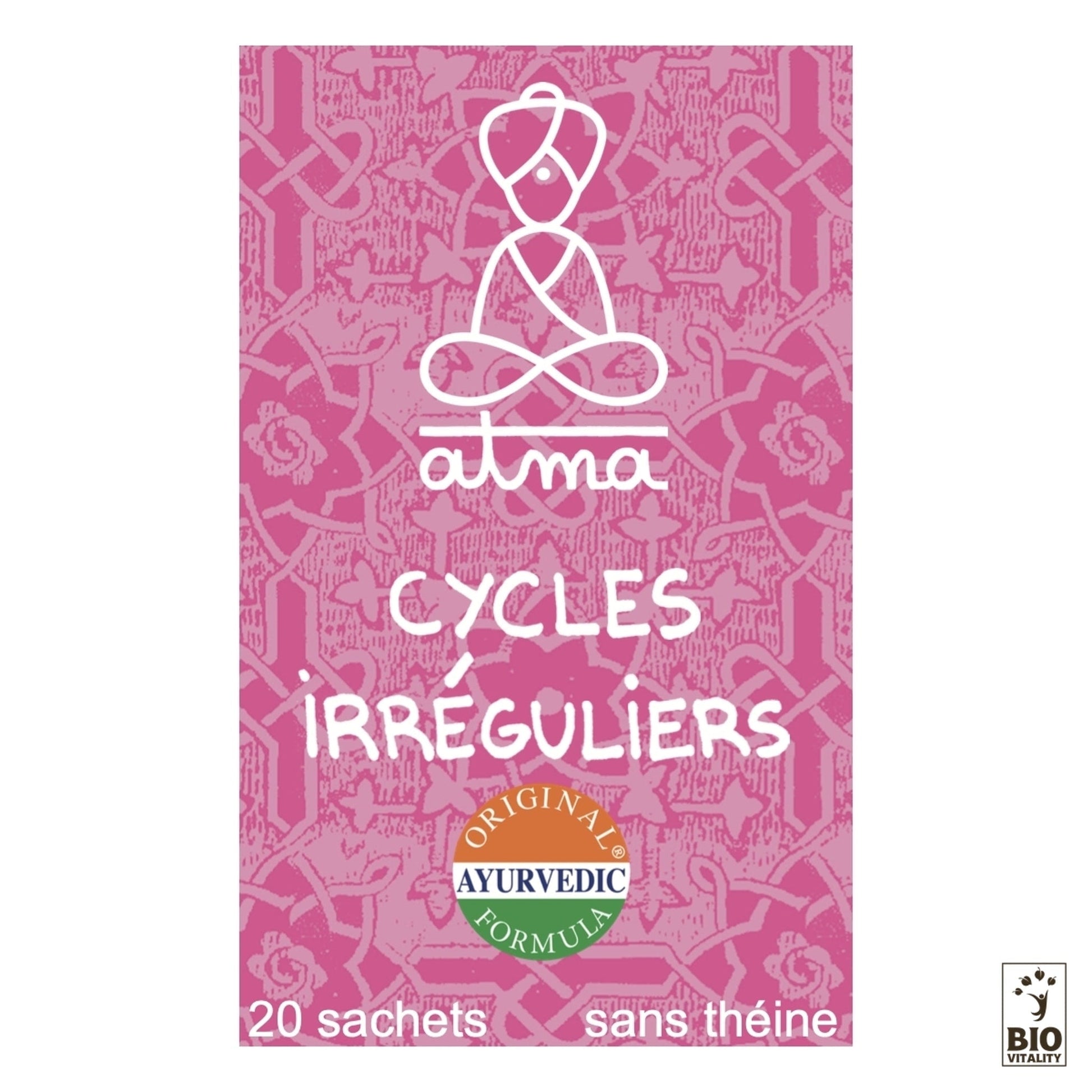 Le Kala Pushpa - Cycles Irréguliers Bio dATMA est présenté dans un emballage rose et est conçu comme une infusion ayurvédique pour la santé menstruelle. Il contient 20 sachets, est sans caféine et favorise le bien-être lors des cycles irréguliers.