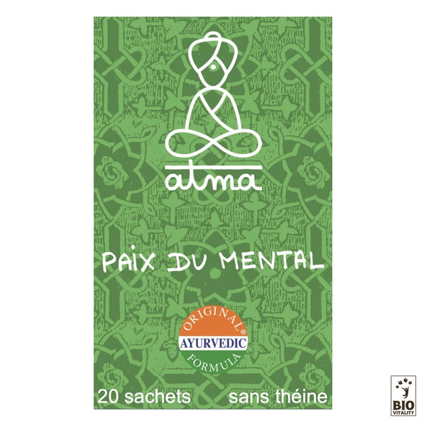 Le thé vert Mano Shanti - Paix Mental Bio dATMA représente un personnage assis et est étiqueté Paix du Mental. Cette formule ayurvédique originale comprend 20 sachets dinfusion sans théine enrichie en ashwagandha, ainsi quun logo bio.