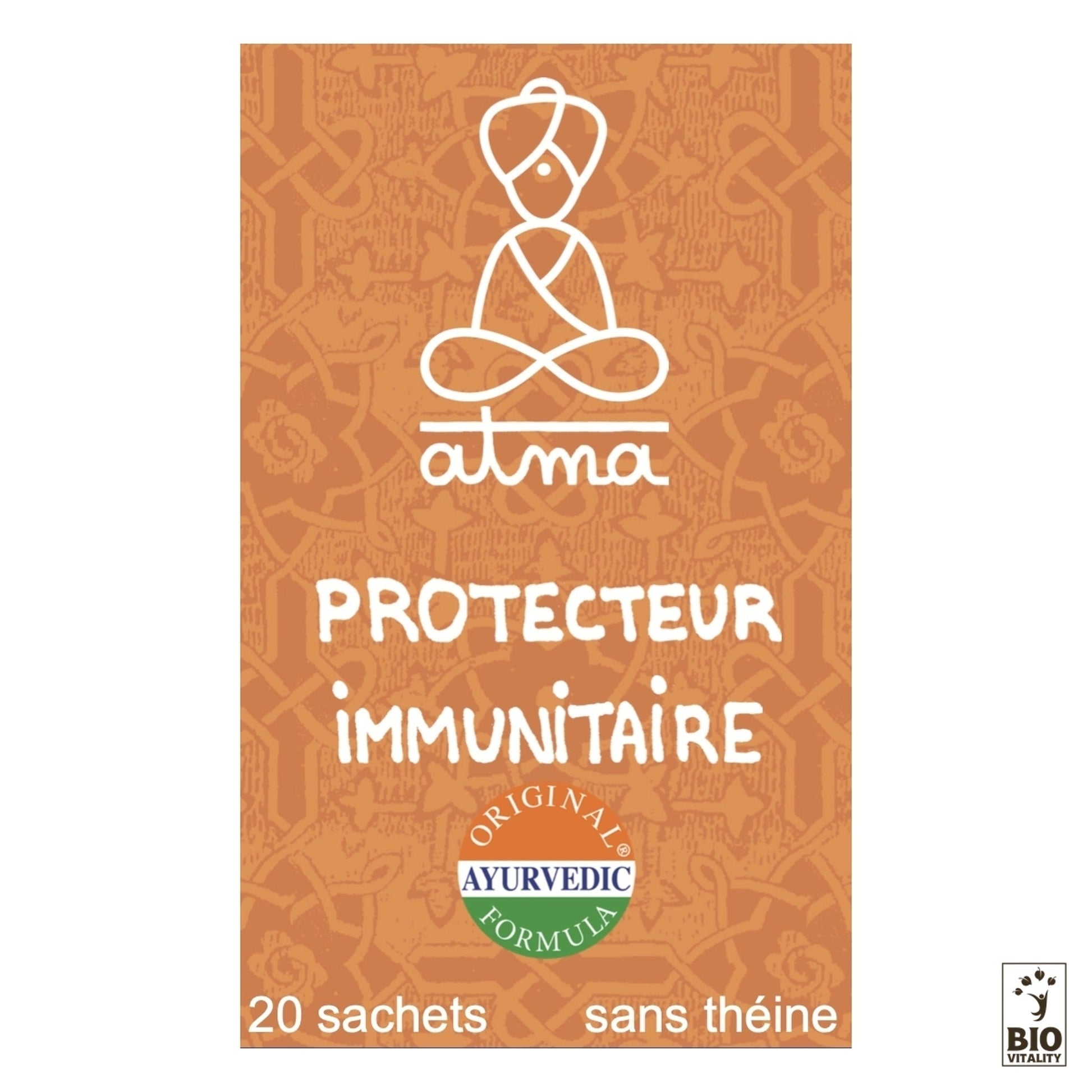 La boîte de thé orange « Pramati - Protecteur Immunitaire Bio » dATMA présente une silhouette stylisée aux jambes croisées. Elle contient 20 sachets dune « Formule Ayurvédique Originale » sans caféine. Le logo Bio Vitality met laccent sur le soutien du système métabolique et immunitaire.