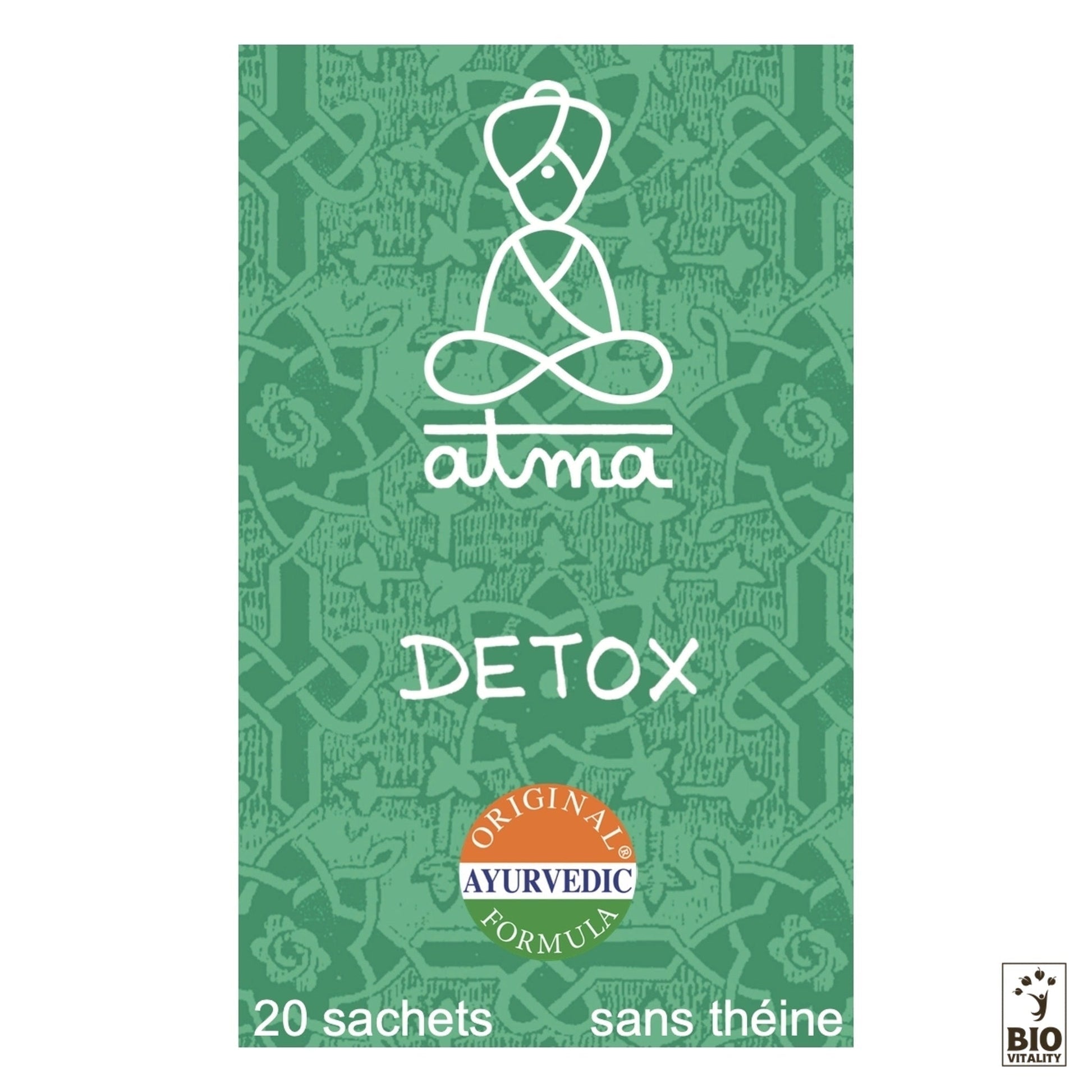 Le coffret de thé Shodhana - Detox Bio dATMA met en scène une figure méditative et met laccent sur la « Formule ayurvédique originale », « 20 sachets » et « sans théine ». Idéal pour une infusion dépurative, il accompagne votre parcours de cure détox.