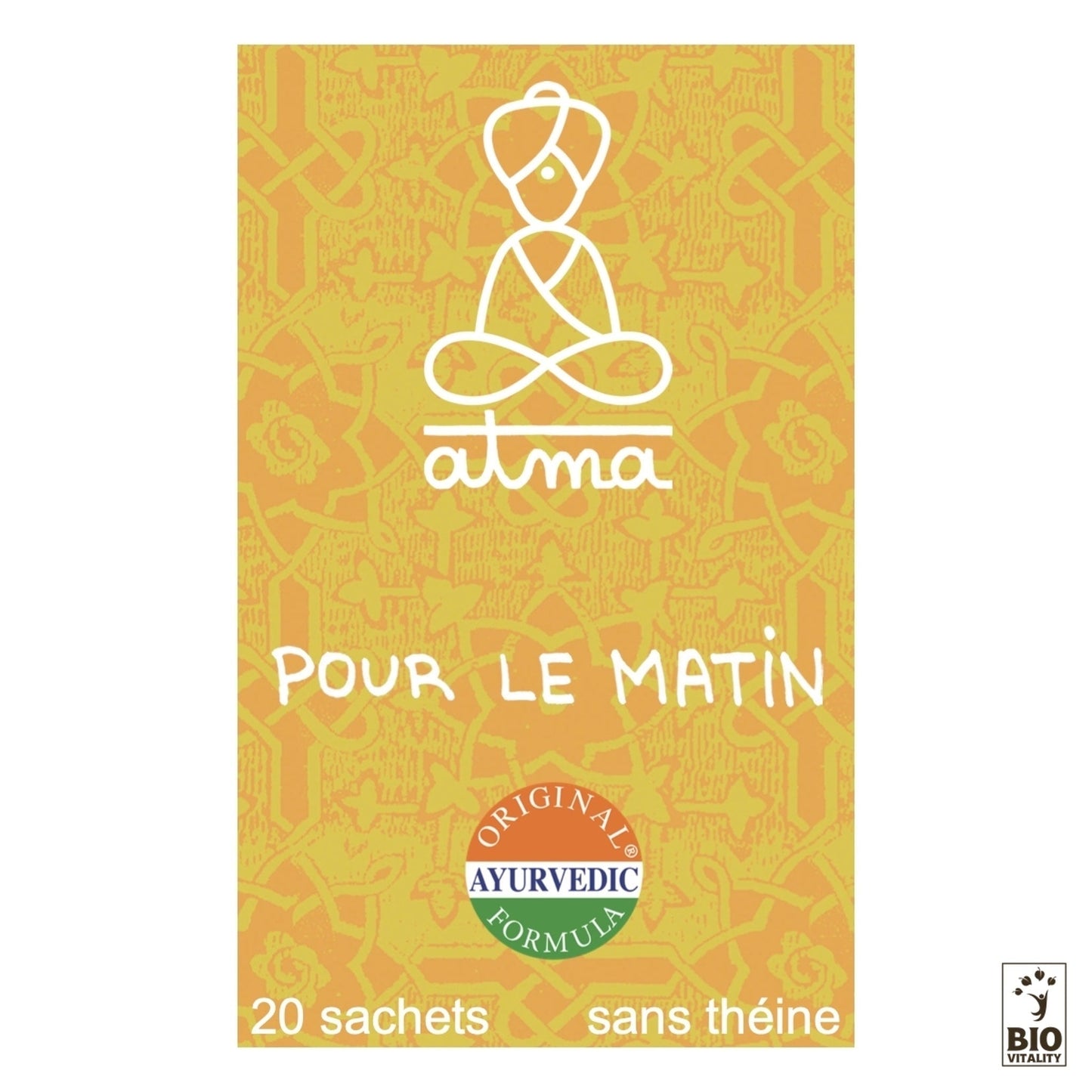Lemballage jaune de Surya - Pour le matin Bio dATMA présente une illustration dun personnage assis. Il est étiqueté « Formule ayurvédique originale » avec des ingrédients naturels et comprend 20 sachets sans théine.
