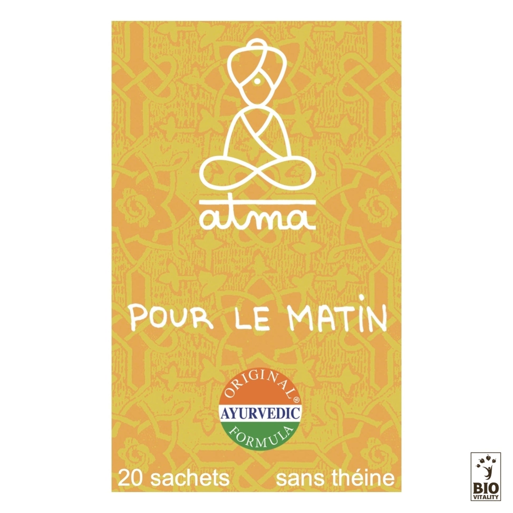 Lemballage jaune de Surya - Pour le matin Bio dATMA présente une illustration dun personnage assis. Il est étiqueté « Formule ayurvédique originale » avec des ingrédients naturels et comprend 20 sachets sans théine.