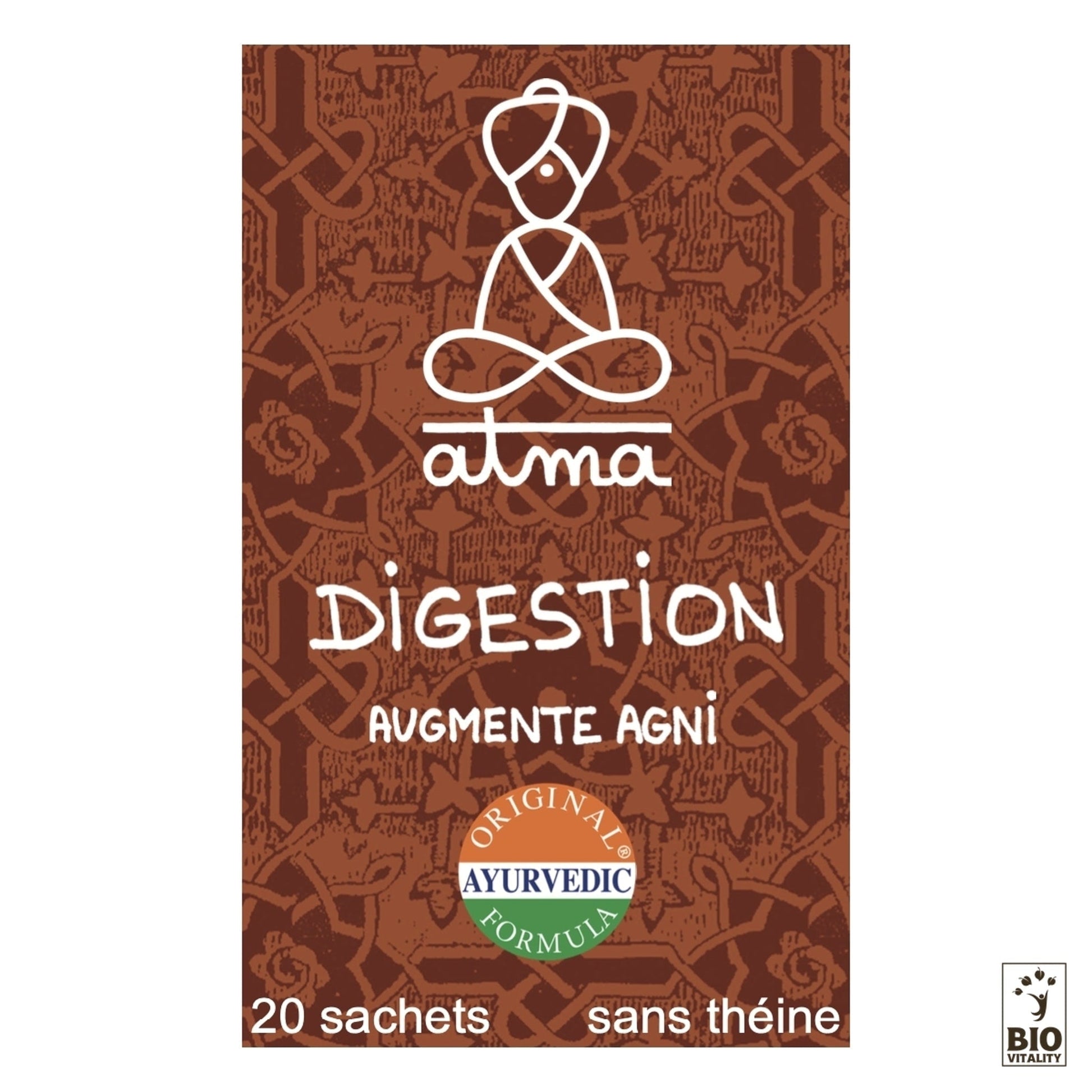 Le thé Tikshnapaka - Digestion Bio dATMA est emballé en marron avec un contour de silhouette de yoga et le texte « Augmente Agni - Formule ayurvédique originale ». Il contient 20 sachets, est sans caféine, comprend le logo Bio Vitality et est conçu pour une digestion optimale à partir dingrédients 100 % biologiques.