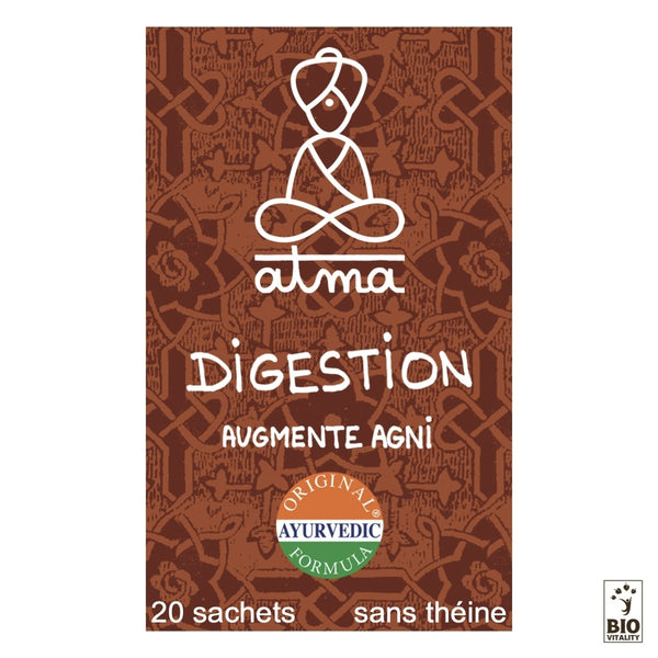Le thé Tikshnapaka - Digestion Bio dATMA est emballé en marron avec un contour de silhouette de yoga et le texte « Augmente Agni - Formule ayurvédique originale ». Il contient 20 sachets, est sans caféine, comprend le logo Bio Vitality et est conçu pour une digestion optimale à partir dingrédients 100 % biologiques.