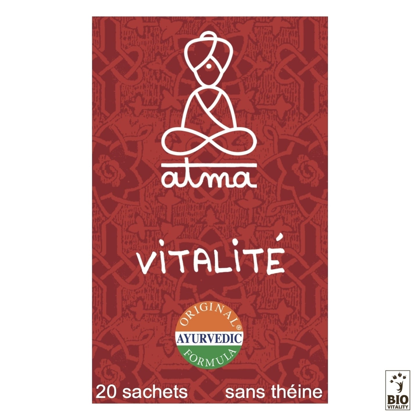 Lemballage rouge de Virya - Vitalité Bio dATMA comprend une figure stylisée, un badge « Formule Ayurvédique Originale » et un texte indiquant 20 sachets. Cette infusion revitalisante sans caféine aide à la récupération énergétique après une fatigue chronique.