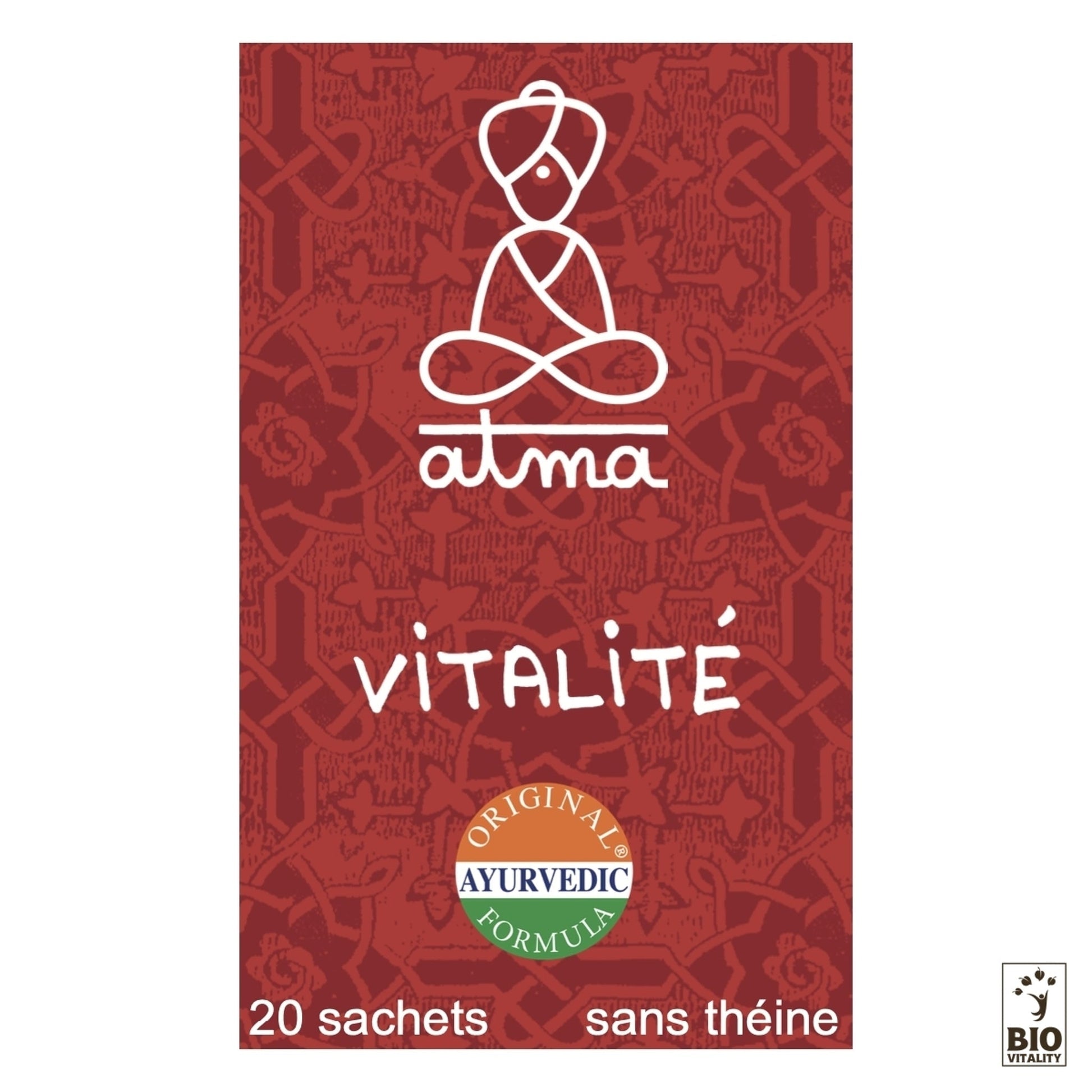 Lemballage rouge de Virya - Vitalité Bio dATMA comprend une figure stylisée, un badge « Formule Ayurvédique Originale » et un texte indiquant 20 sachets. Cette infusion revitalisante sans caféine aide à la récupération énergétique après une fatigue chronique.