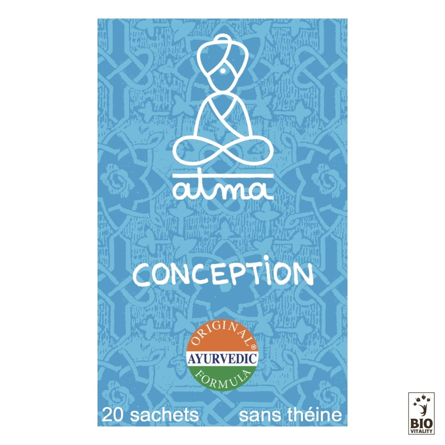 Le Yoni - Conception Bio dATMA présente une figure abstraite en pose de méditation avec un sceau « Formule Ayurvédique Originale », offrant 20 sachets sans caféine conçus pour soutenir le système digestif et favoriser le bien-être général.