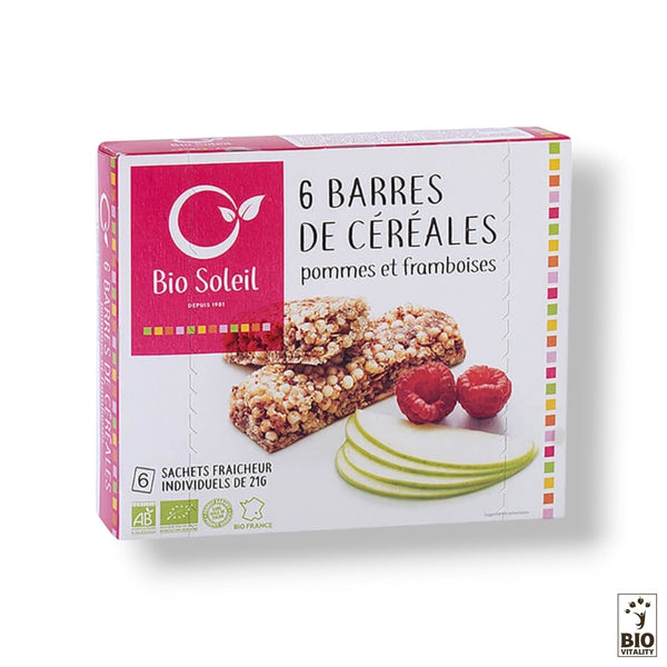 Découvrez la BIOSOLEIL Barre céréales Pommes Framboises 6x Bio - 125g, présentant sur lemballage un délicieux mélange de fruits composé de tranches de pommes fraîches et de framboises. Fabriquées avec des ingrédients biologiques, ces barres sont à la fois savoureuses et nutritionnelles.