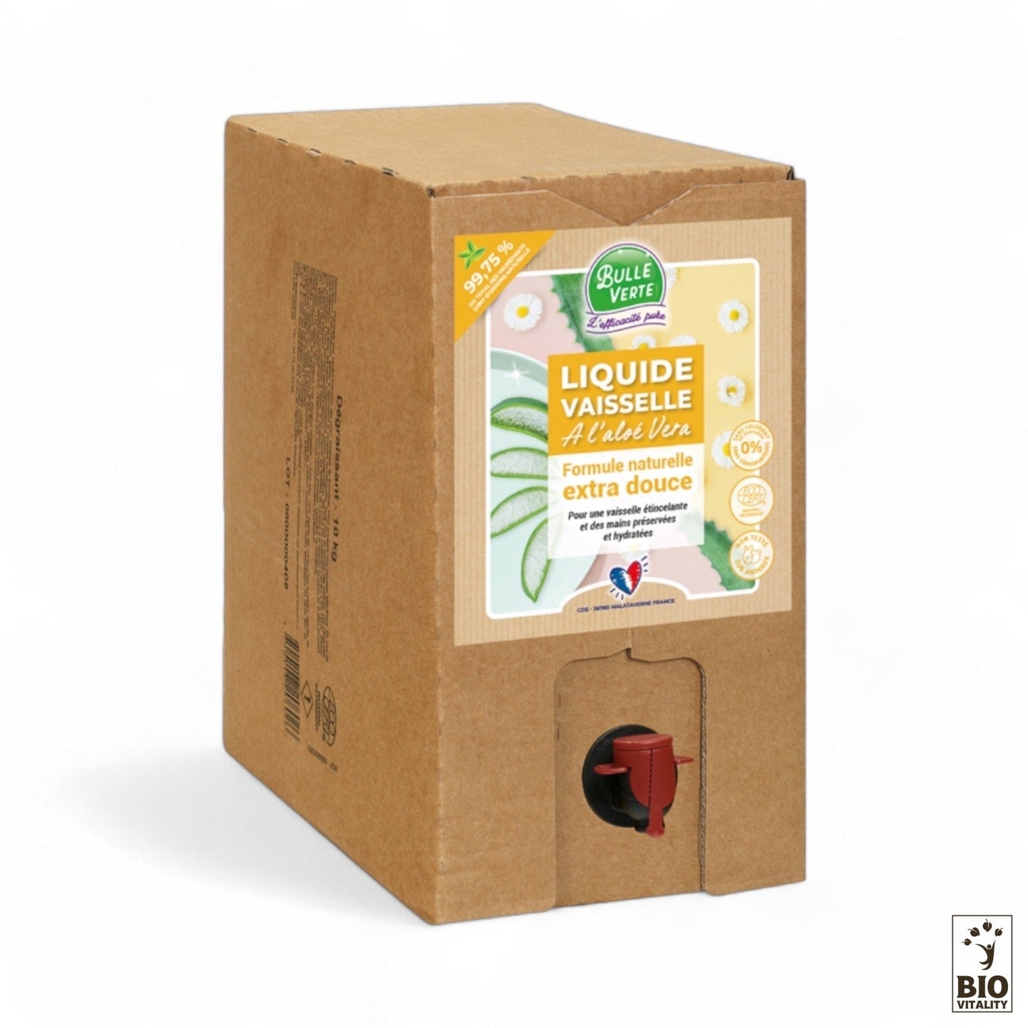 Carton de 10 kg de Liquide vaisselle Aloe Vera BULLE VERTE avec robinet doseur rouge. Certifié ECOCERT, ce liquide vaisselle met en avant ses ingrédients naturels pour une solution nettoyante respectueuse de lenvironnement.