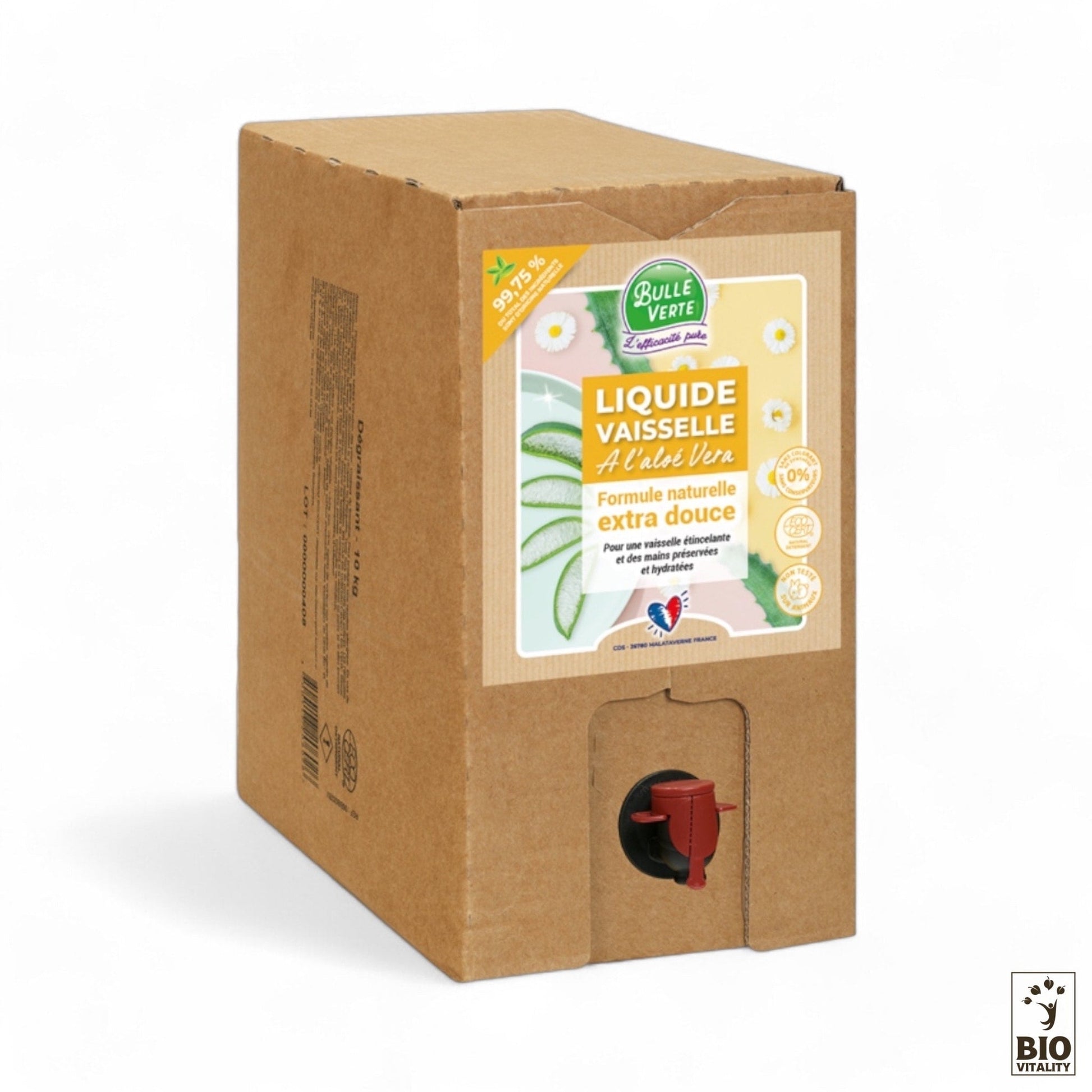 Carton de 10 kg de Liquide vaisselle Aloe Vera BULLE VERTE avec robinet doseur rouge. Certifié ECOCERT, ce liquide vaisselle met en avant ses ingrédients naturels pour une solution nettoyante respectueuse de lenvironnement.