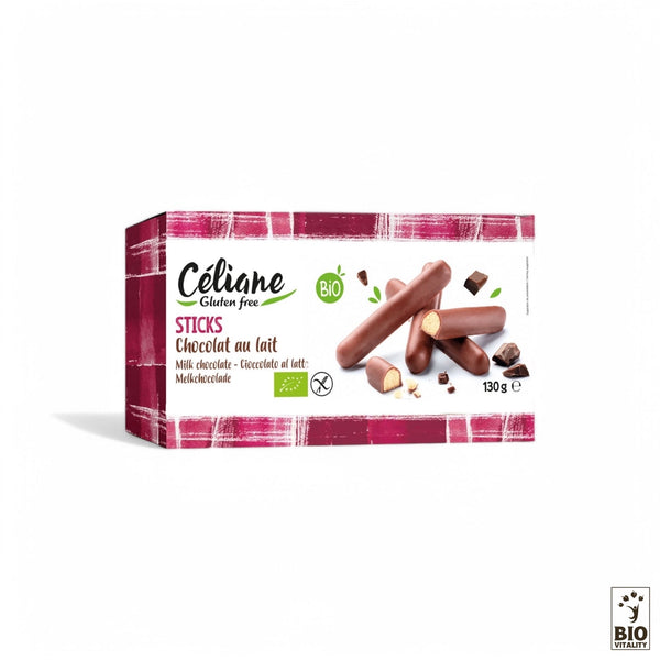 Les Bâtonnets Chocolat au Lait Bio de CELIANE, 130g, sont présentés dans une charmante boîte à carreaux rouges et blancs. Ces délicieux bâtonnets de chocolat au lait sans gluten sont le plaisir idéal pour ceux qui recherchent des biscuits sans gluten.