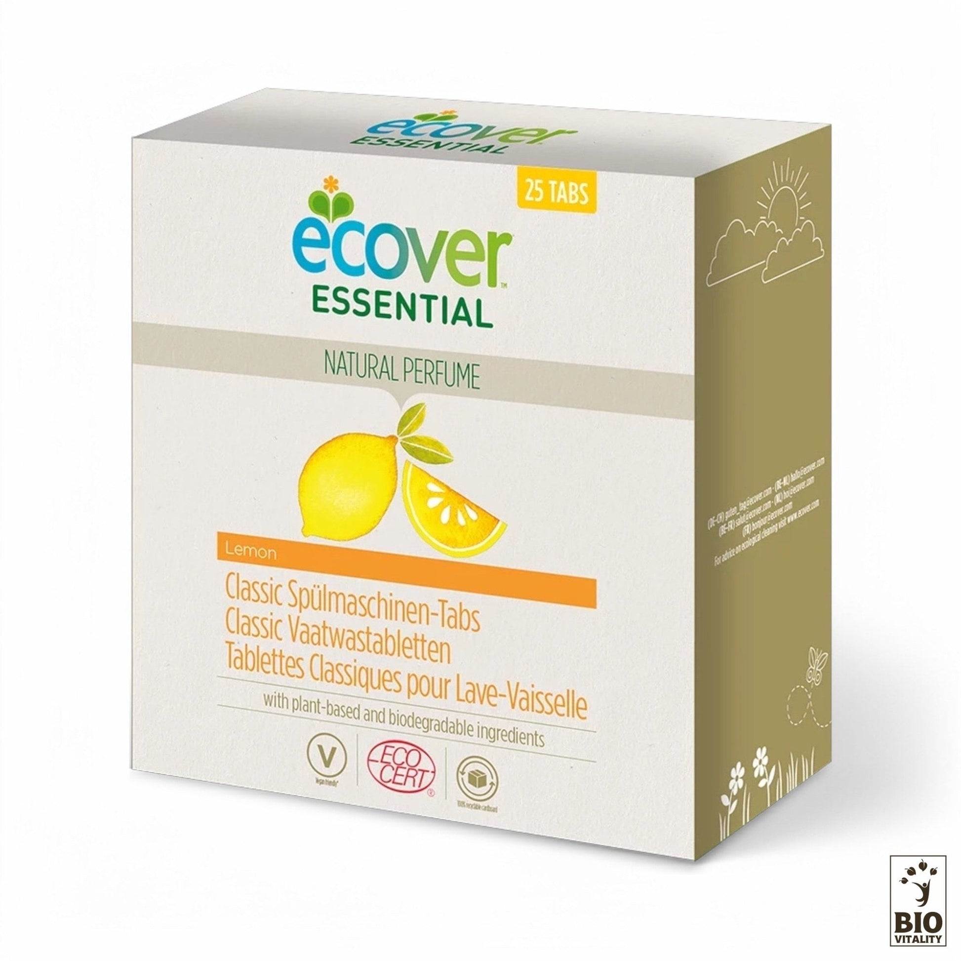 Coffret de 70 Tablettes lave-vaisselle XL ECOVER Ecocert au parfum citron contient des ingrédients naturels, des écolabels et des composants dorigine végétale certifiés Ecocert.