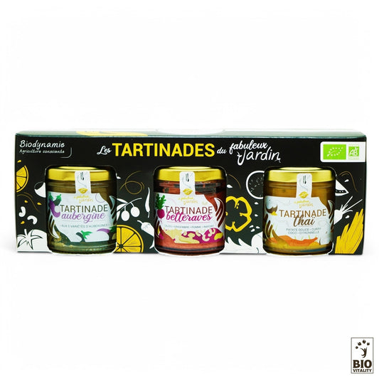 Le Coffret Tartinades Bio de FABULEUX JARDIN, labellisé Les Tartinades du jardin, propose trois pots de 90g de tartinades daubergine, de betterave et de thaï. Lemballage met en valeur les logos de certification bio.