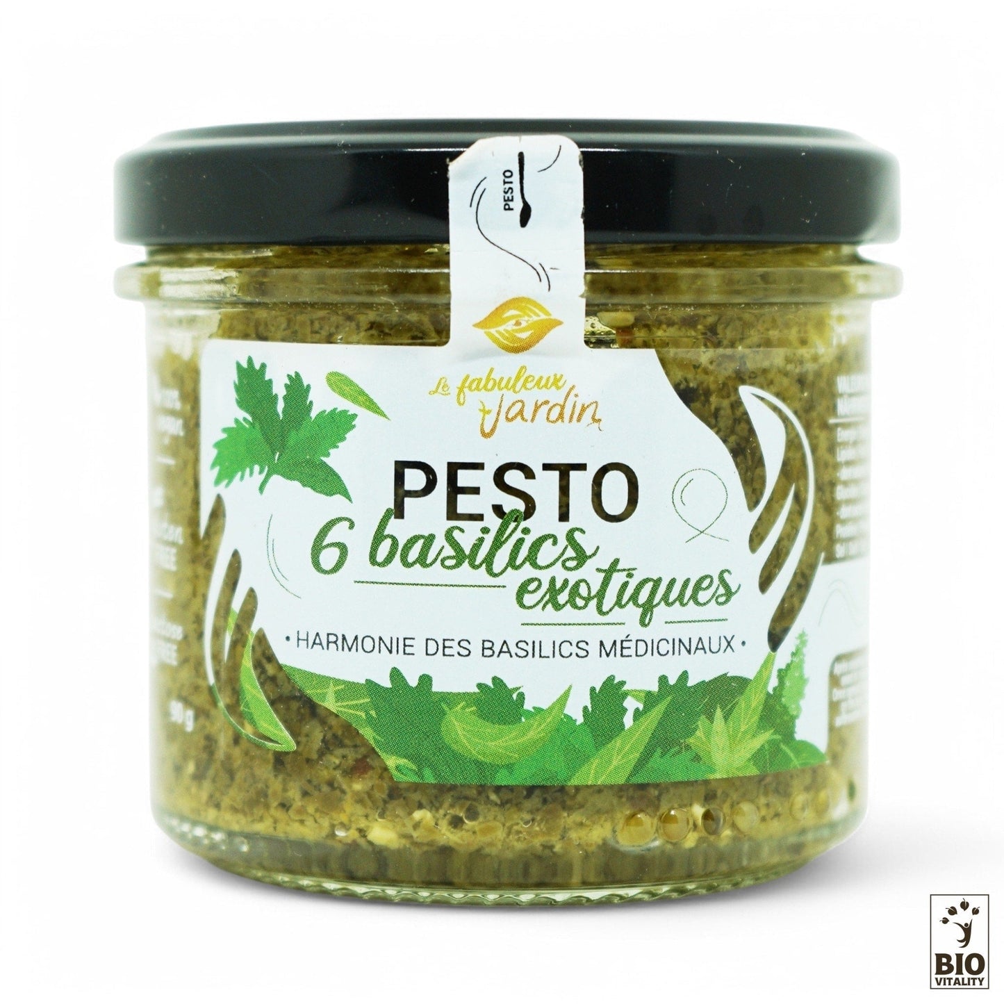 Ce pot de Pesto 6 Basilic Exotiques Bio - 90g de FABULEUX JARDIN met en valeur un mélange dharmonies de basilic médicinal exotique. Son étiquette est certifiée biologique, sadressant aux amateurs de basilic gourmet.