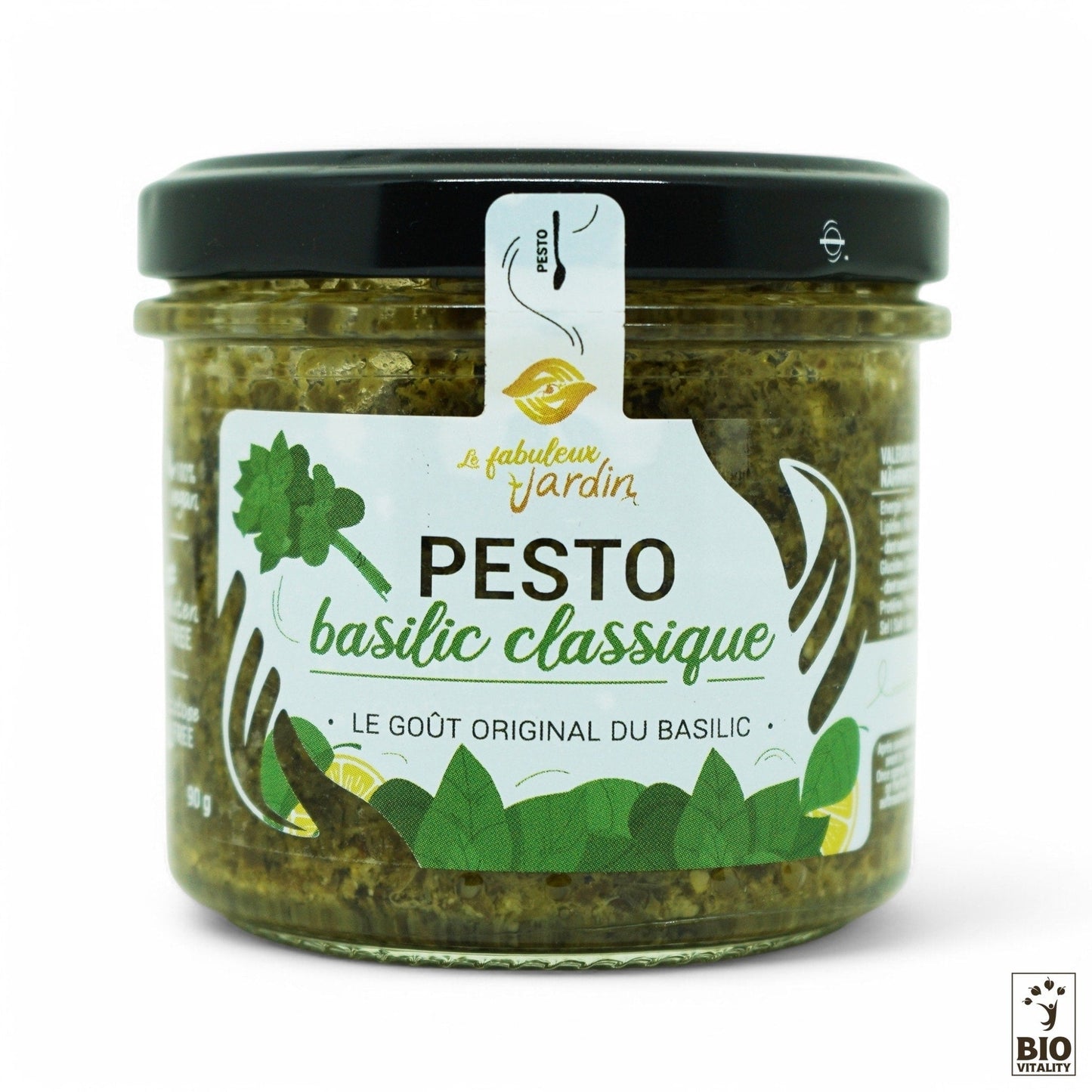 Le pot Pesto Basilic classique Bio de 90g, griffé FABULEUX JARDIN au design vert et blanc, contient du basilic grande feuille et de lhuile dolive vierge extra. Le logo Bio Vitality est en bas à droite pour plus dauthenticité.