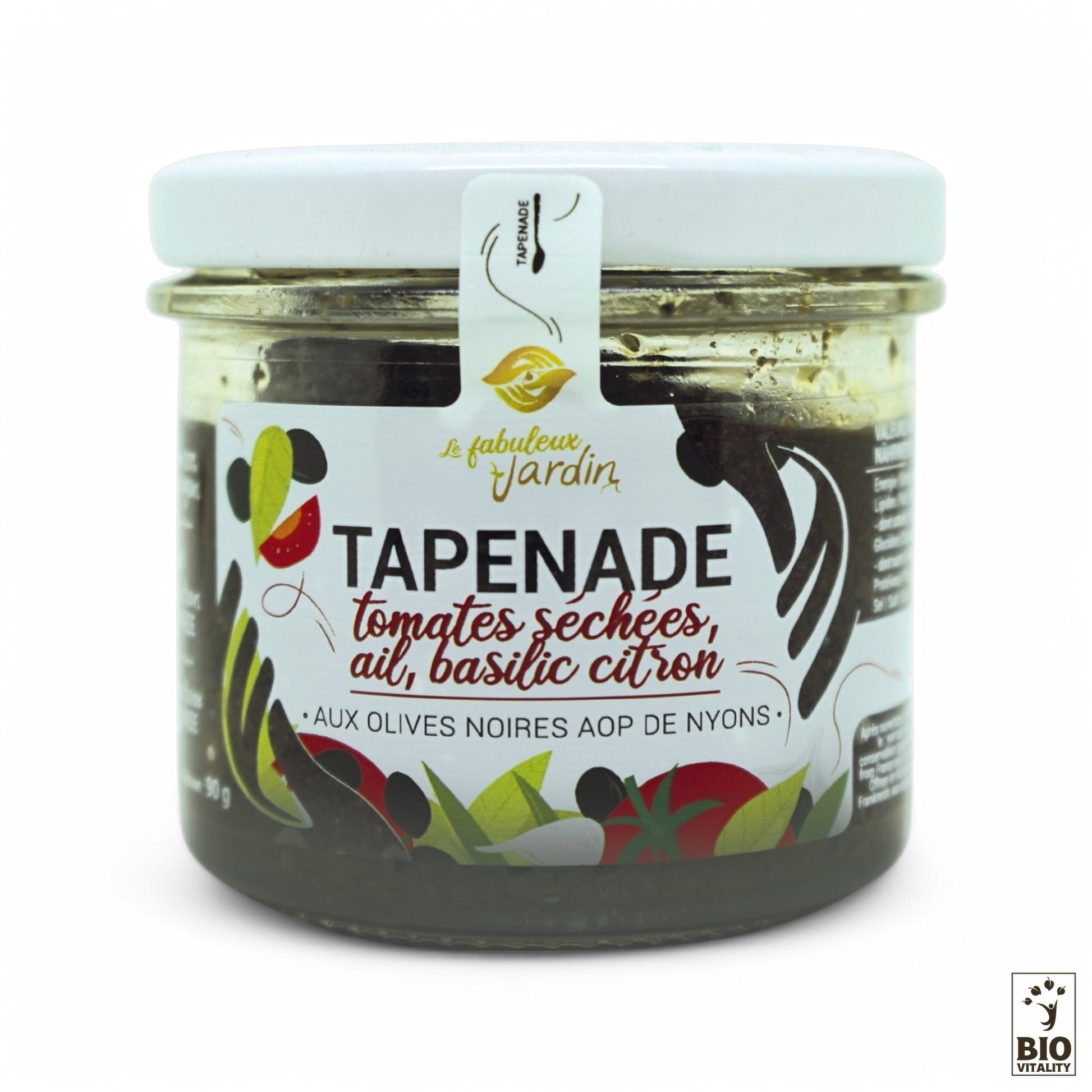 Tapenade Olives Noires, Tomates Séchées, Ail & Basilic Citron Bio de FABULEUX JARDIN à base dolives noires de Nyons. Le couvercle blanc du pot est décoré dune étiquette aux motifs colorés et abstraits.